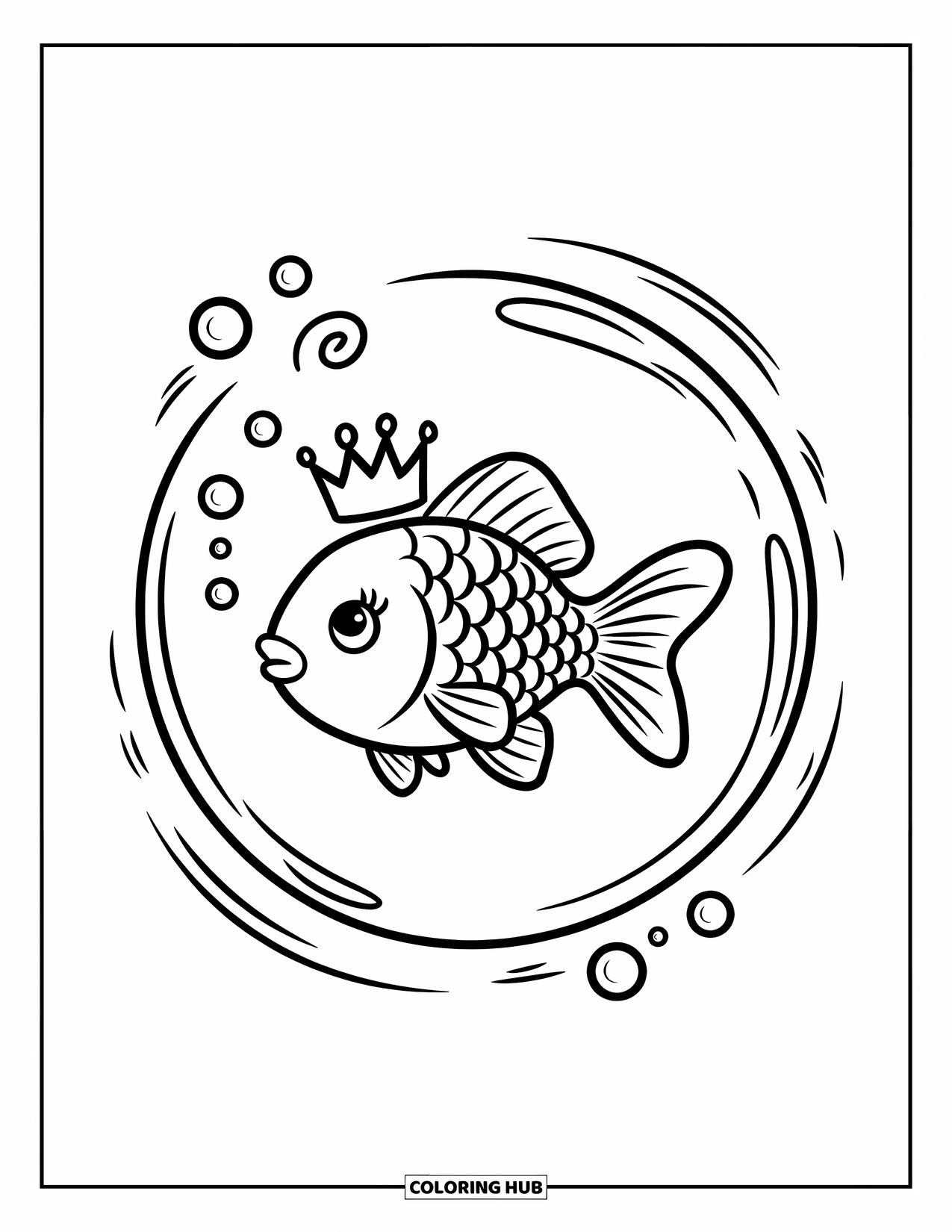 Disegno di pesce rosso da colorare per adulti: Un pesce rosso incoronato galleggia in una bolla, circondato da acqua vorticosa