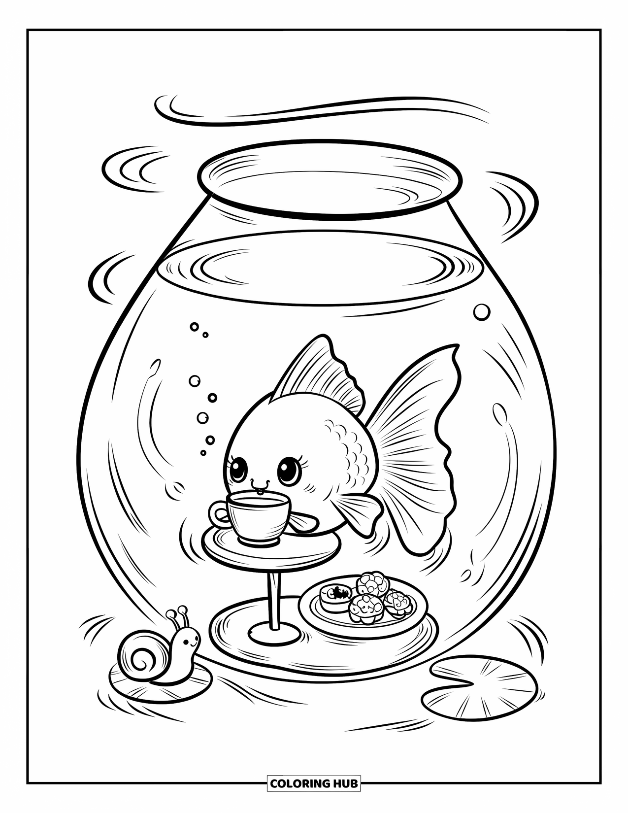 Disegno di pesce rosso da colorare per adulti: Un pesce rosso si gusta il tè all'interno di un acquario, con una piccola lumaca come compagna