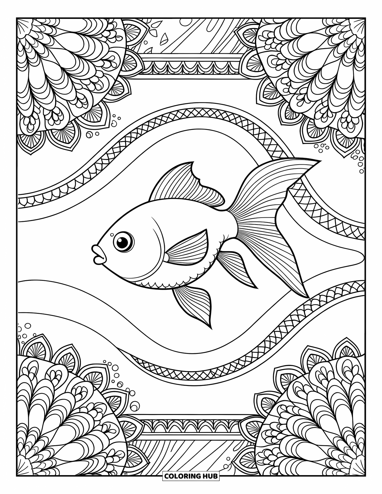 Disegno di pesce rosso da colorare per adulti: Un pesce rosso galleggia in una piscina circondata da intricati mandala