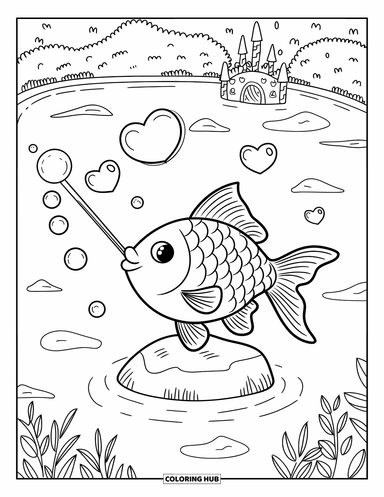 Disegno di pesce rosso da colorare per adulti: Un pesce rosso rilascia delicatamente bolle stellate nell'acqua