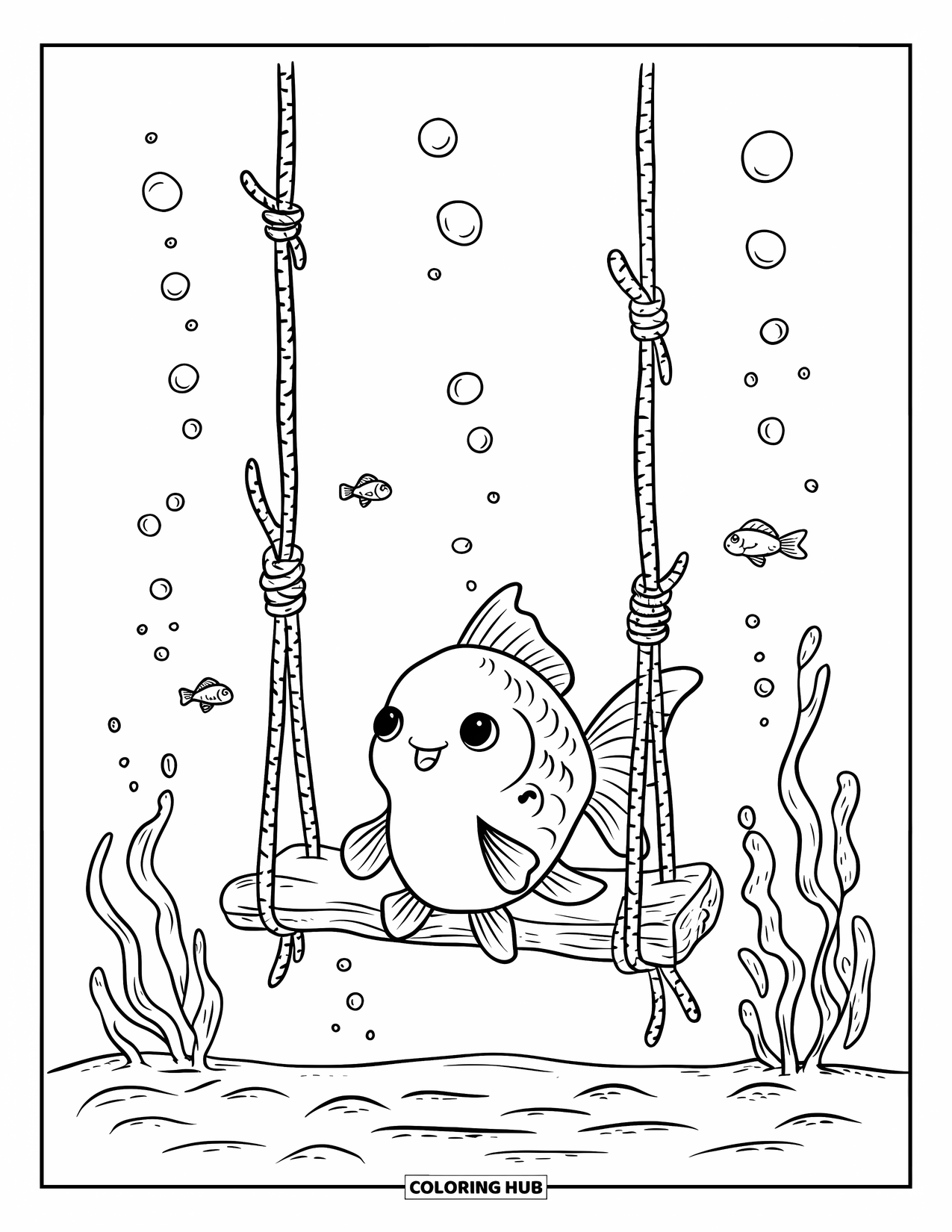 Disegno di pesce rosso da colorare per adulti: Un pesce rosso si dondola dolcemente su un'altalena di alghe mentre piccoli pesci nuotano intorno