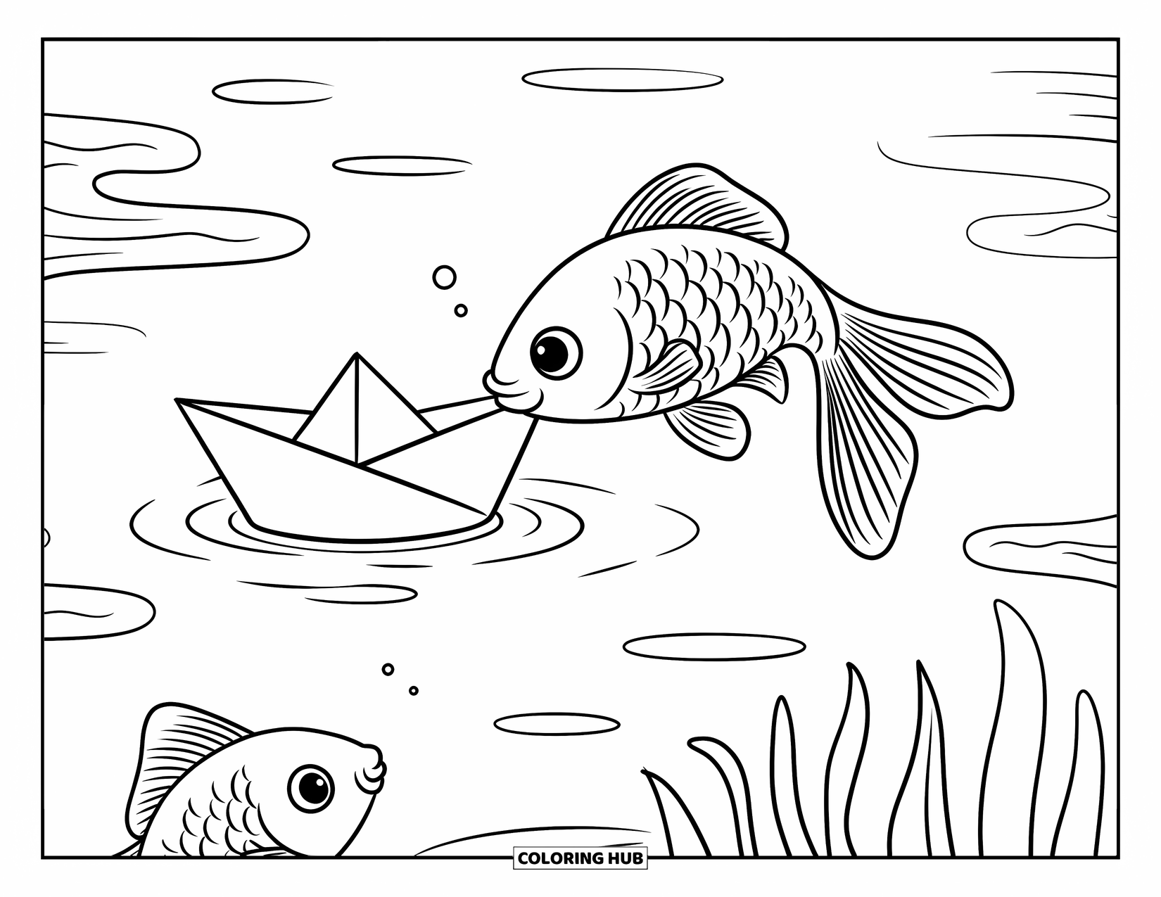 Disegno di pesce rosso da colorare per adulti: Un pesce rosso inclina delicatamente una barchetta di carta mentre un altro osserva con occhi spalancati