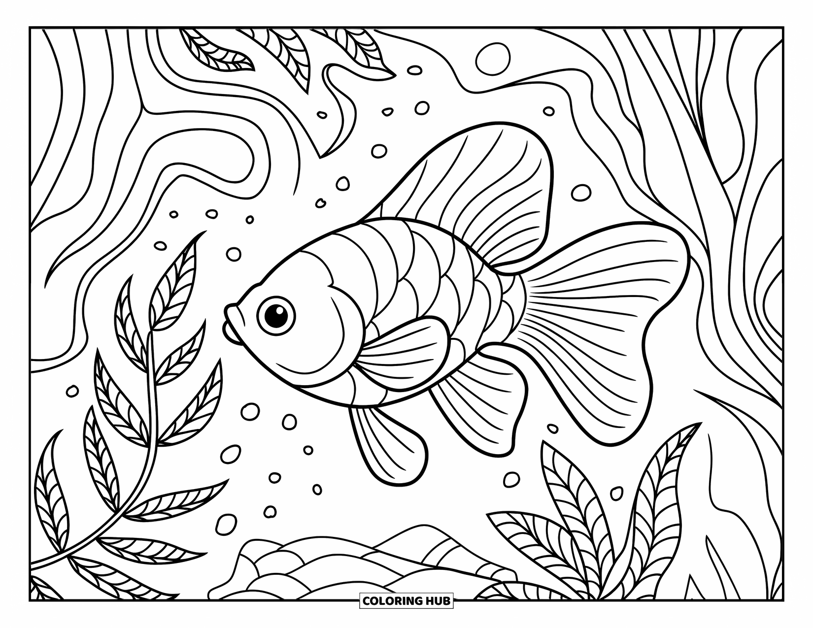 Disegno di pesce rosso da colorare per adulti: Un pesce rosso scivola attraverso un'artistica scena sottomarina con piante dettagliate