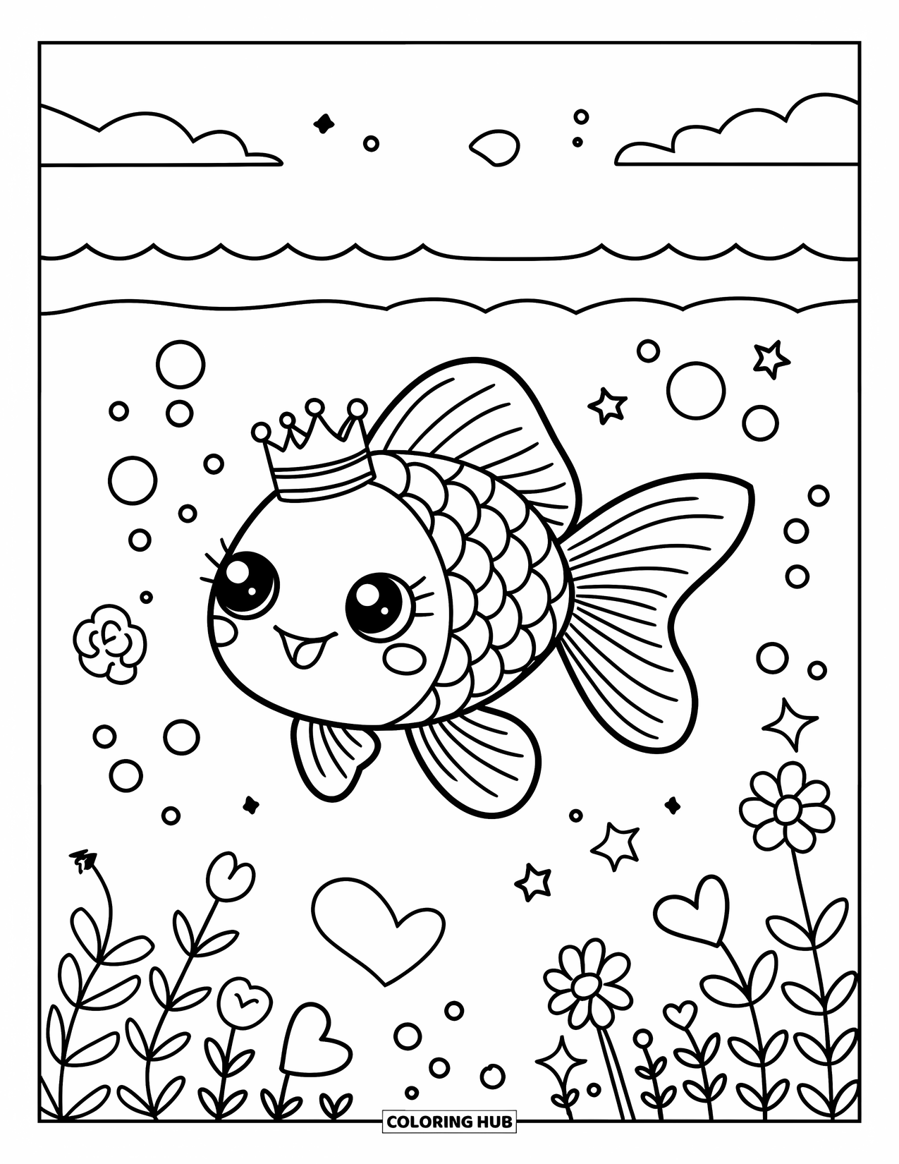 Disegno di pesce rosso da colorare per adulti: Un pesce rosso con una corona galleggia pacificamente nell'acqua, circondato da scintille