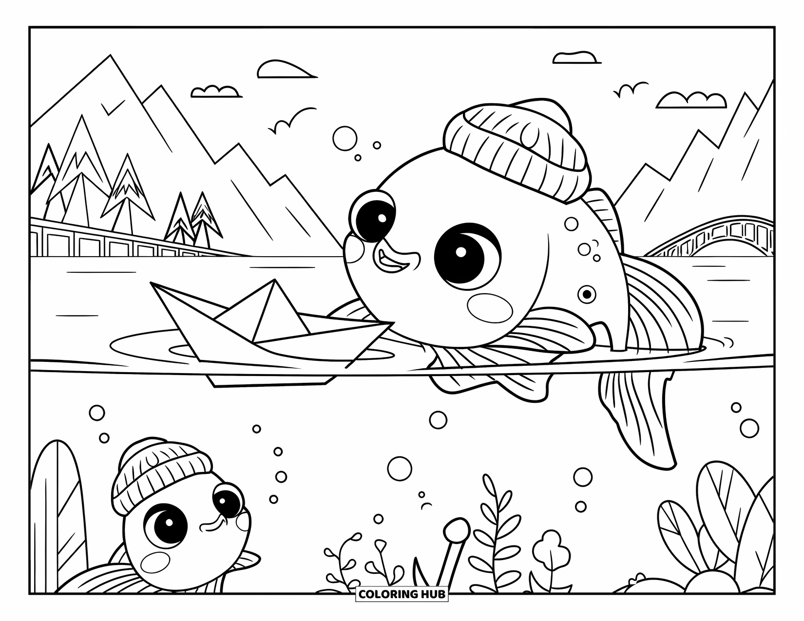 Disegno di pesce rosso da colorare per adulti: Un pesce rosso con un minuscolo cappello gioca con una barchetta di carta galleggiante