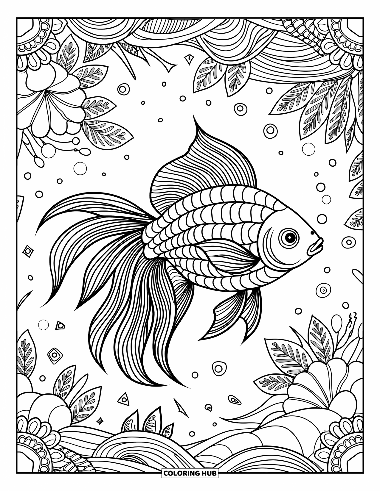 Disegno di pesce rosso da colorare per adulti: Un pesce rosso al centro di un'elaborata composizione acquatica ispirata allo Zentangle