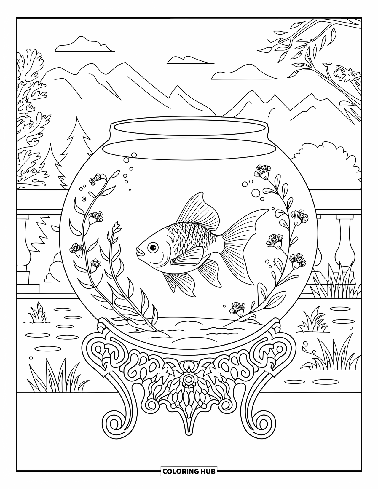 Disegno di pesce rosso da colorare per adulti: Un pesce rosso all'interno di una boccia splendidamente dettagliata appoggiata su un supporto ornato