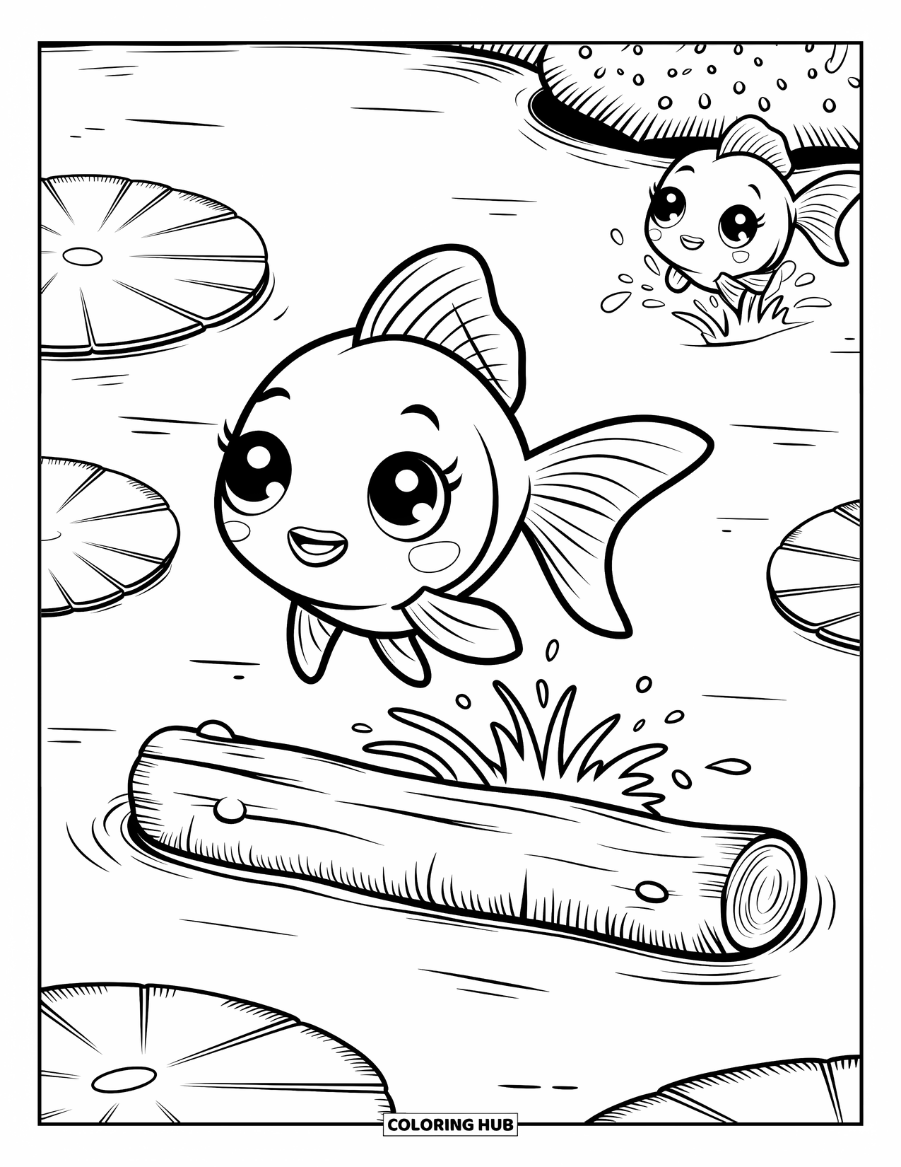 Disegno di pesce rosso da colorare per adulti: Un pesce rosso salta sopra un tronco mentre un curioso amico scruta da una ninfea