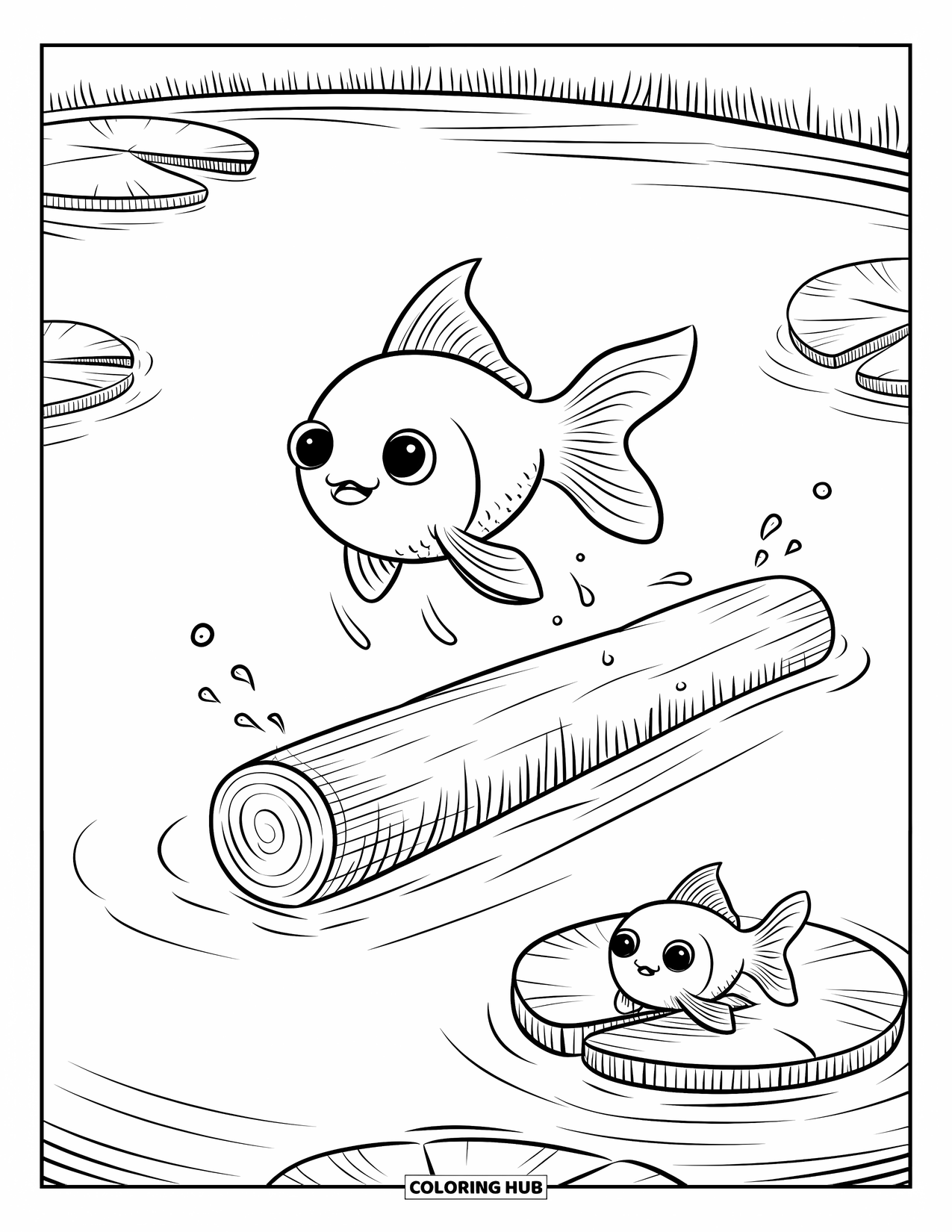 Disegno di pesce rosso da colorare per adulti: Un pesce rosso salta gioiosamente sopra un tronco, lasciando piccole increspature dietro di sé
