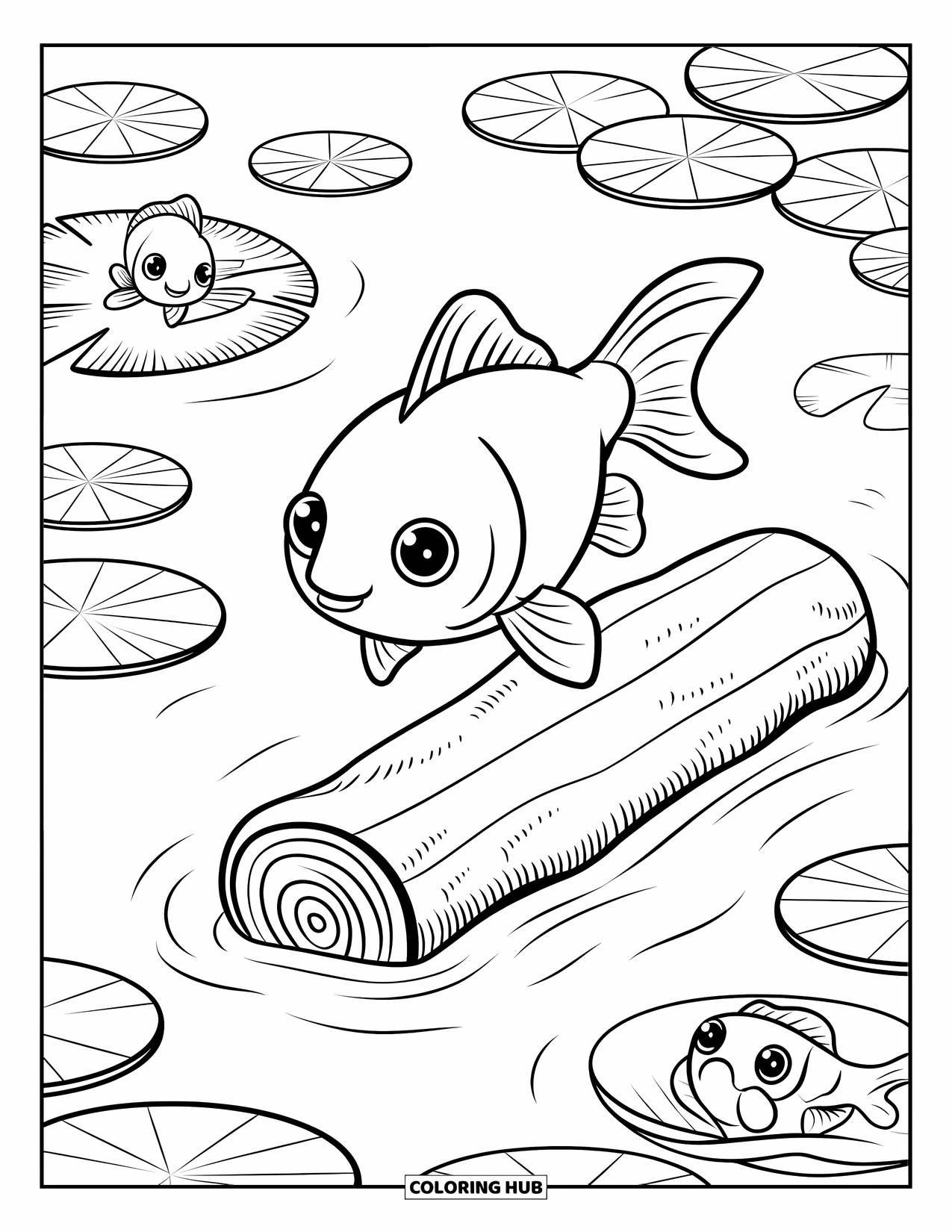 Disegno di pesce rosso da colorare per adulti: Un pesce rosso salta sopra un tronco galleggiante mentre un altro osserva da sotto