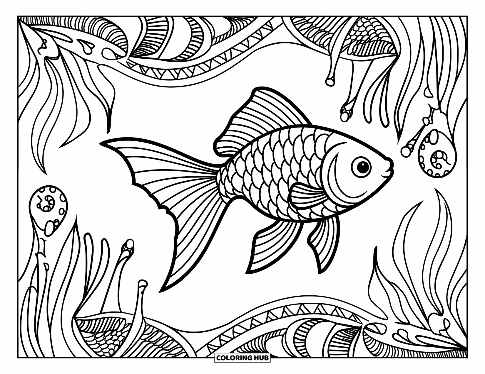 Disegno di pesce rosso da colorare per adulti: Un pesce rosso si muove con grazia tra piante acquatiche modellate e bordi ornati