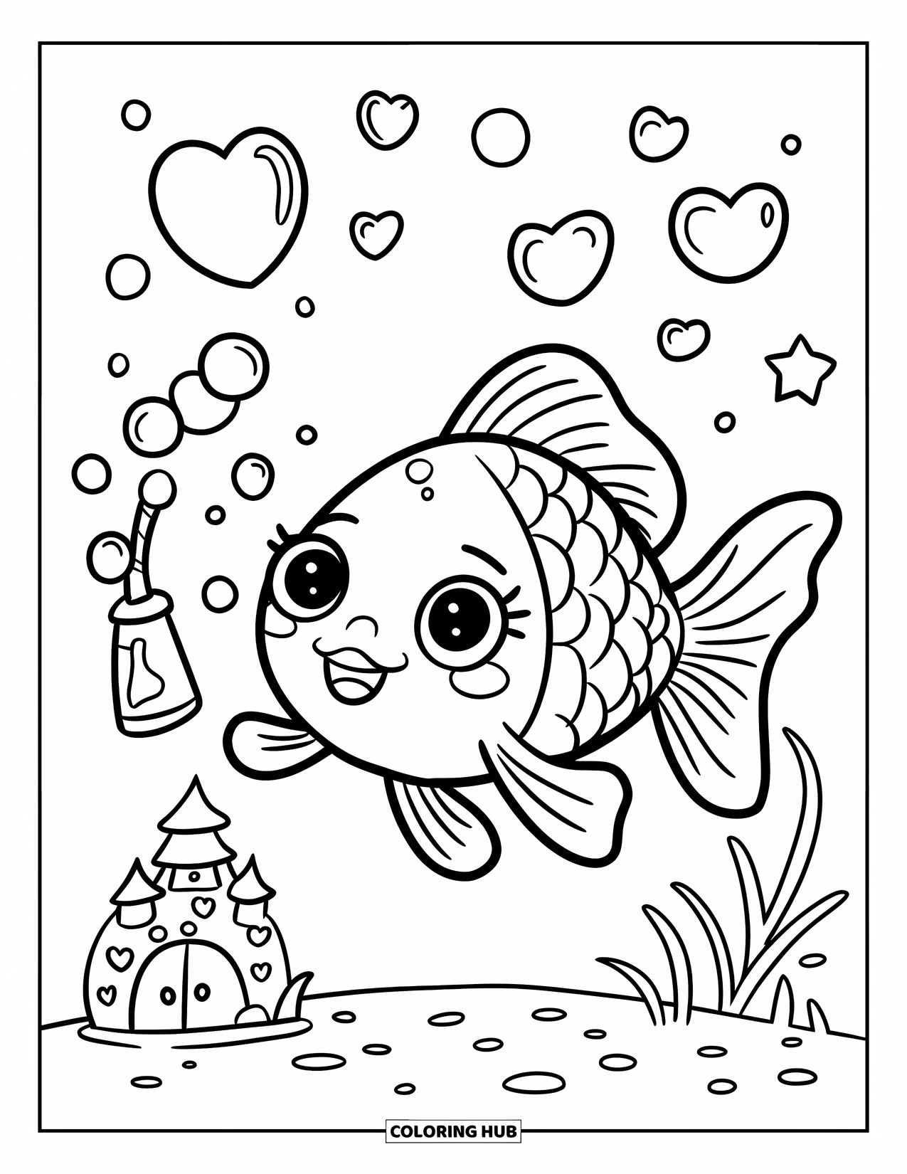 Disegno di pesce rosso da colorare per adulti: Un pesce rosso soffia giocosamente bolle a forma di cuore con una minuscola bacchetta