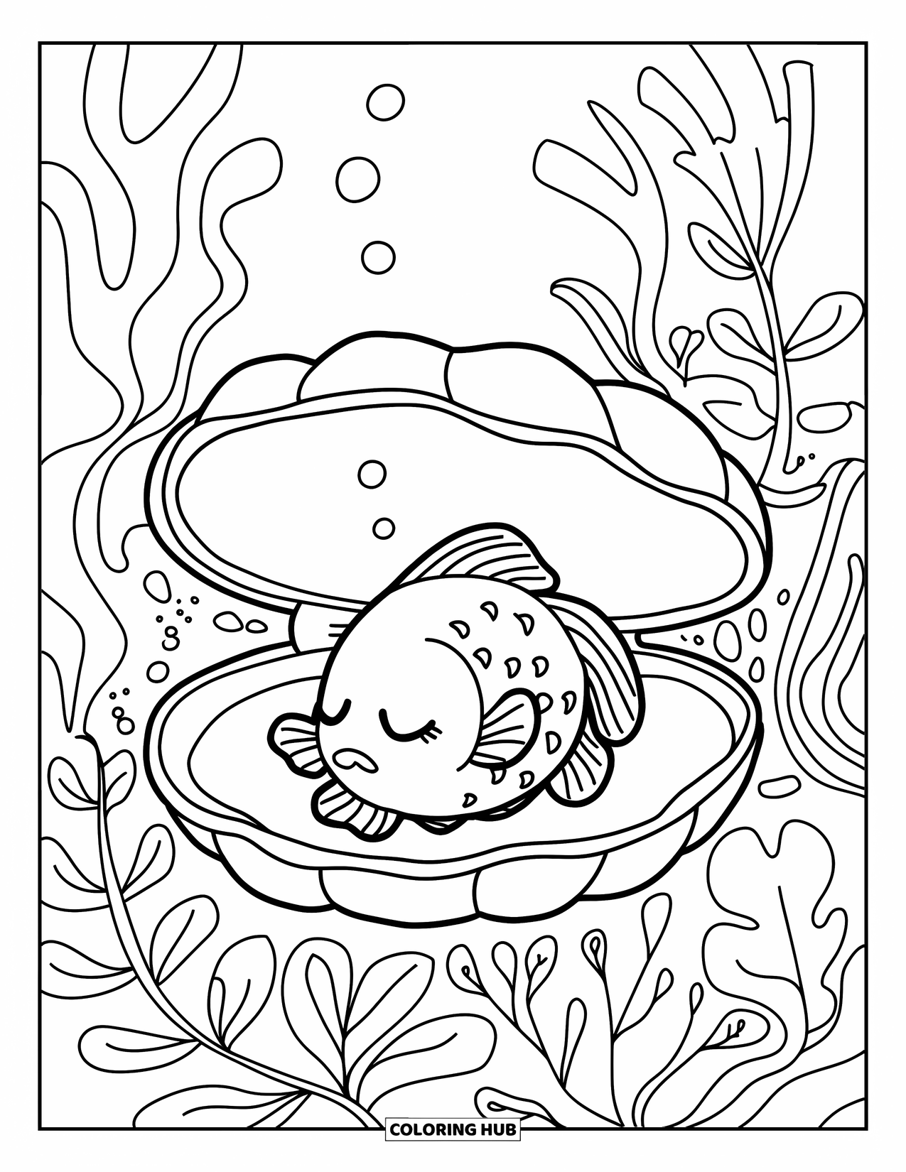 Disegno di pesce rosso da colorare per adulti: Un pesce rosso dorme pacificamente all'interno di una conchiglia gigante, appoggiato su morbide alghe