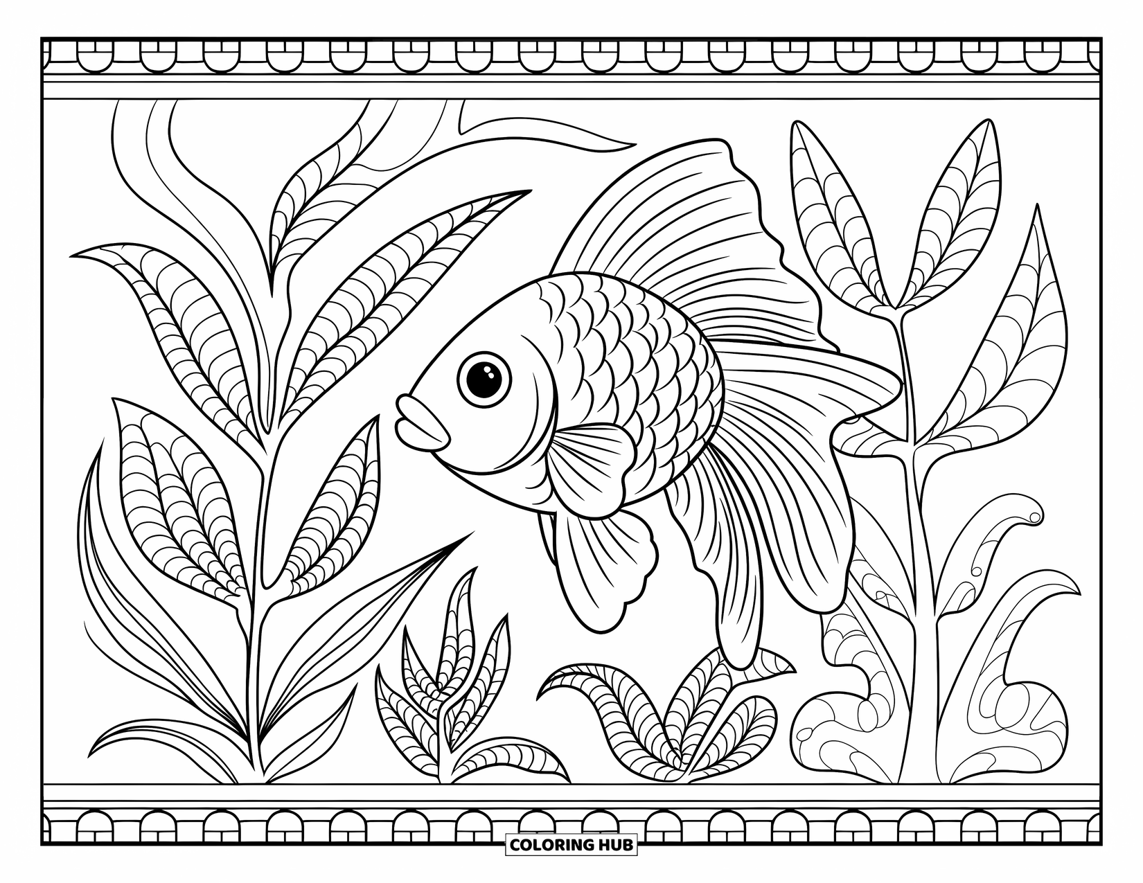 Disegno di pesce rosso da colorare per adulti: Un pesce rosso nuota tra intricate piante acquatiche con motivi decorativi
