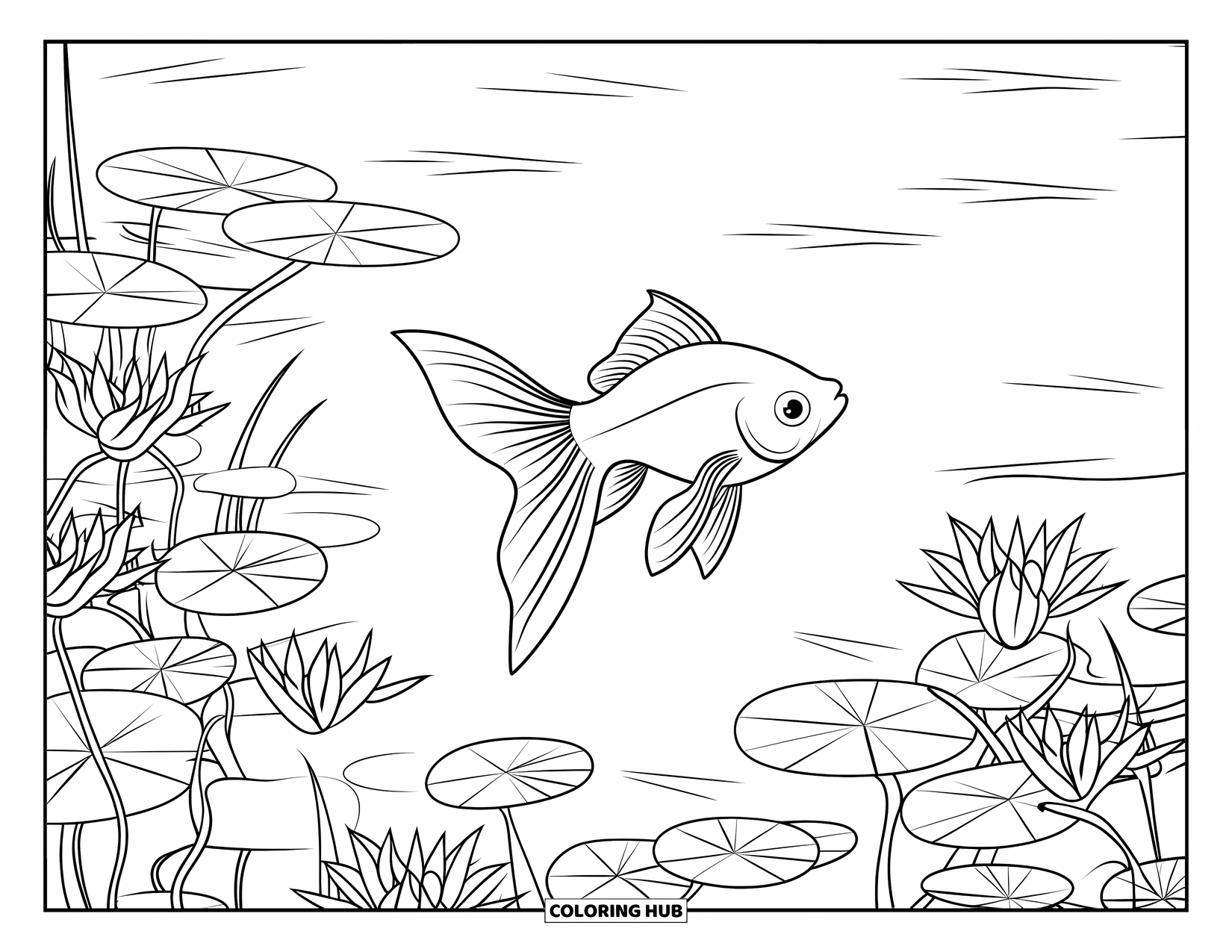 Disegno di pesce rosso da colorare per adulti: Un pesce rosso nuota in un laghetto circondato da piante acquatiche stilizzate e increspature