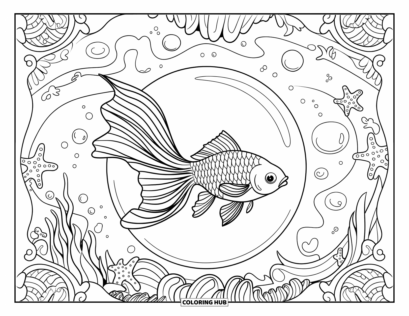 Disegno di pesce rosso da colorare per adulti: Un pesce rosso nuota all'interno di un habitat simile a una bolla circondato da onde e alghe