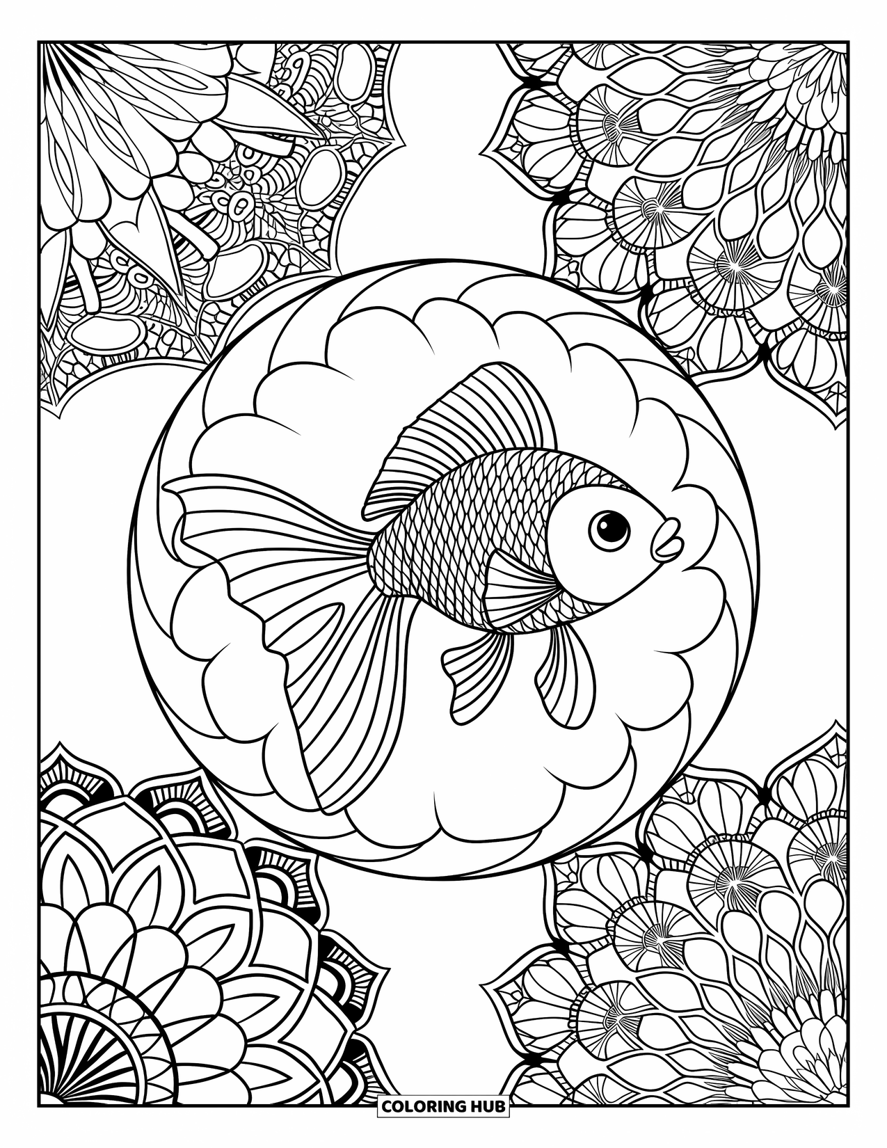 Disegno di pesce rosso da colorare per adulti: Un pesce rosso nuota pacificamente in un cerchio, circondato da disegni mandala