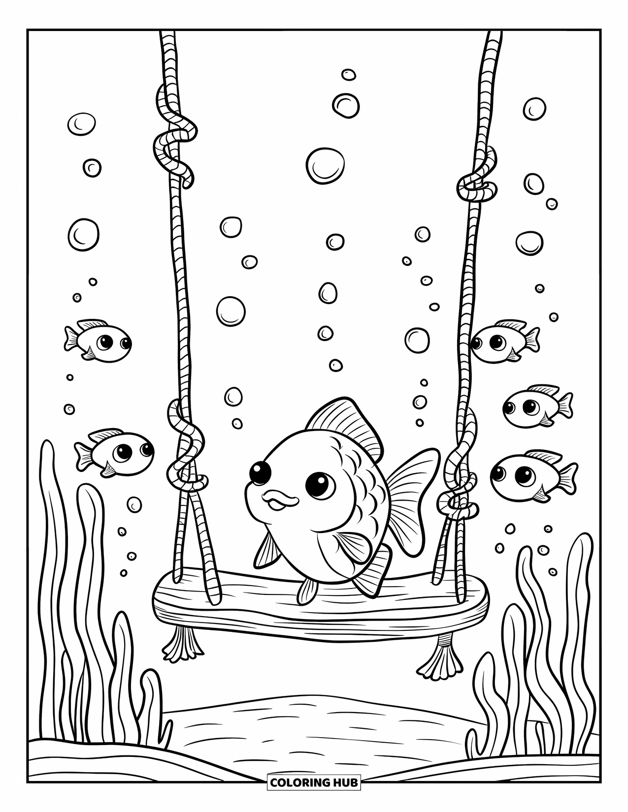 Disegno di pesce rosso da colorare per adulti: Un pesce rosso si dondola giocosamente su una corda di alghe sopra una barriera corallina