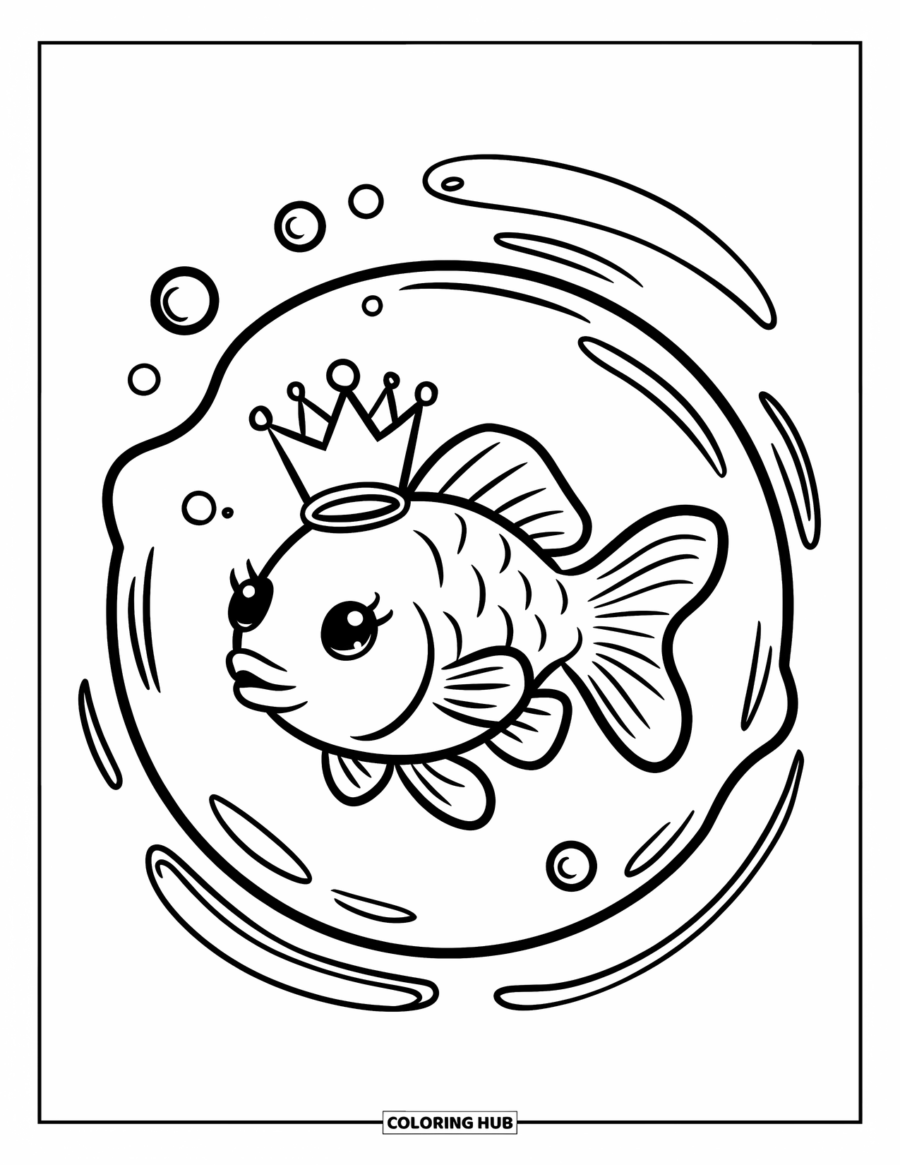 Disegno di pesce rosso da colorare per adulti: Un pesce rosso che indossa una minuscola corona galleggia all'interno di una bolla