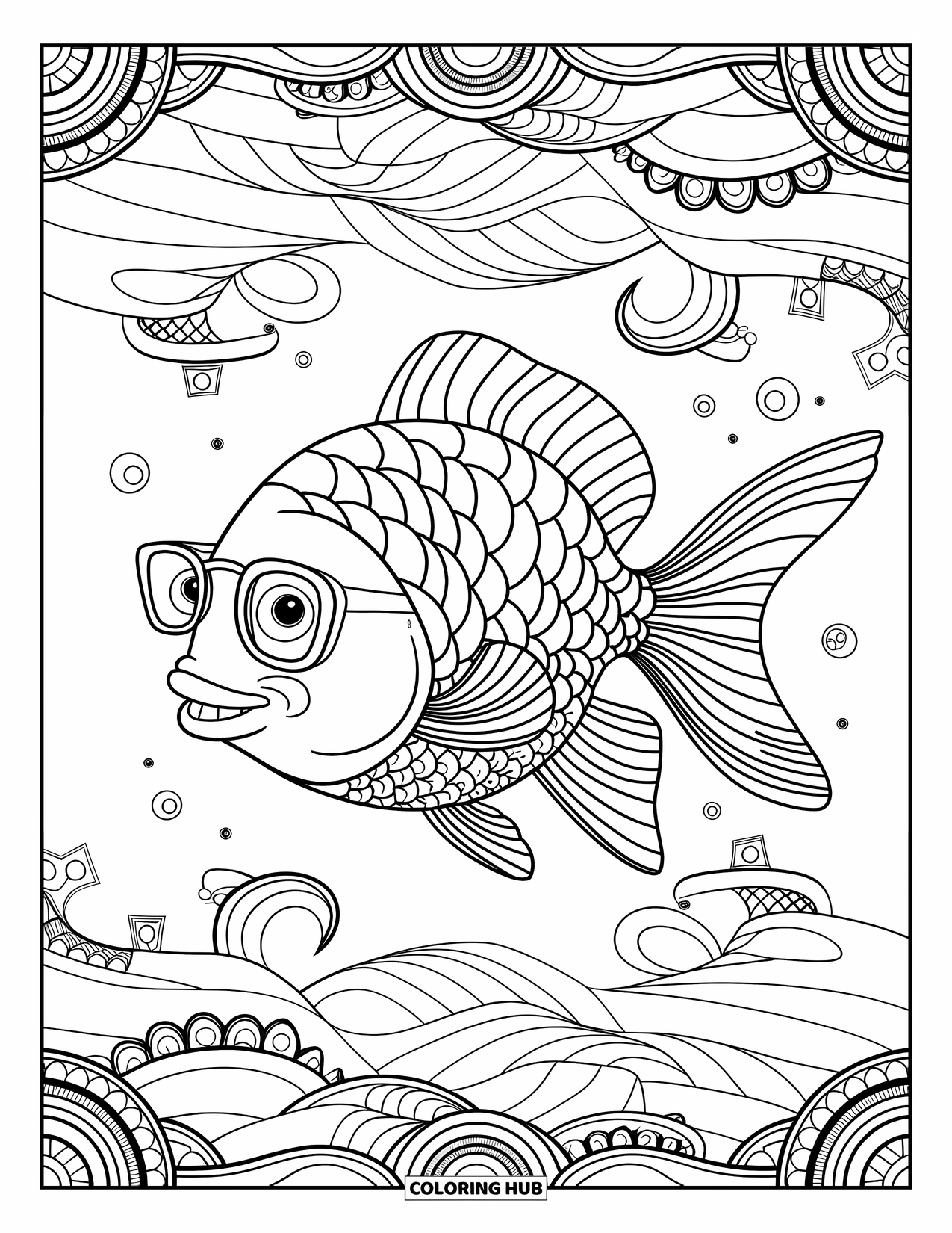 Disegno di pesce rosso da colorare per adulti: Un pesce rosso con una faccia sorridente nuota in un mondo astratto di onde e forme