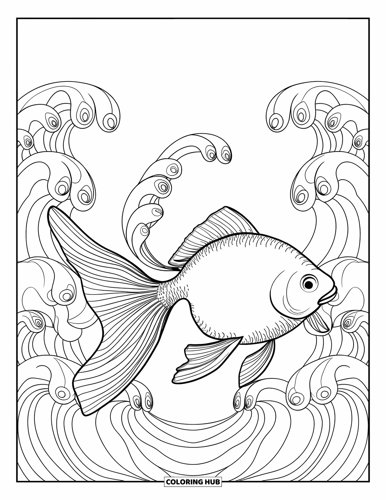 Disegno di pesce rosso da colorare per adulti: Un pesce rosso con motivi audaci galleggia in un mare di disegni vorticosi