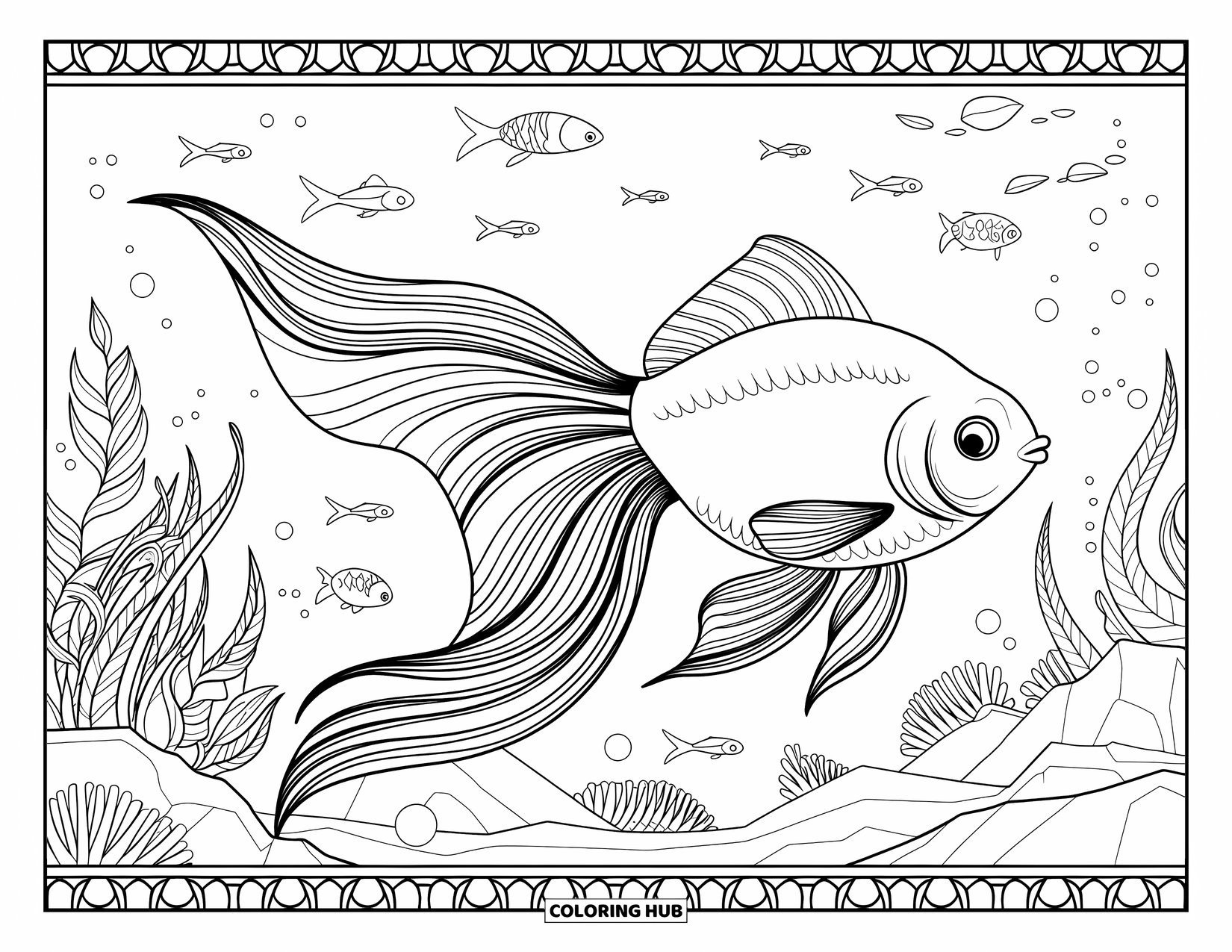 Disegno di pesce rosso da colorare per adulti: Un pesce rosso con pinne simili a tessuto scivola attraverso una scena sottomarina piena di motivi