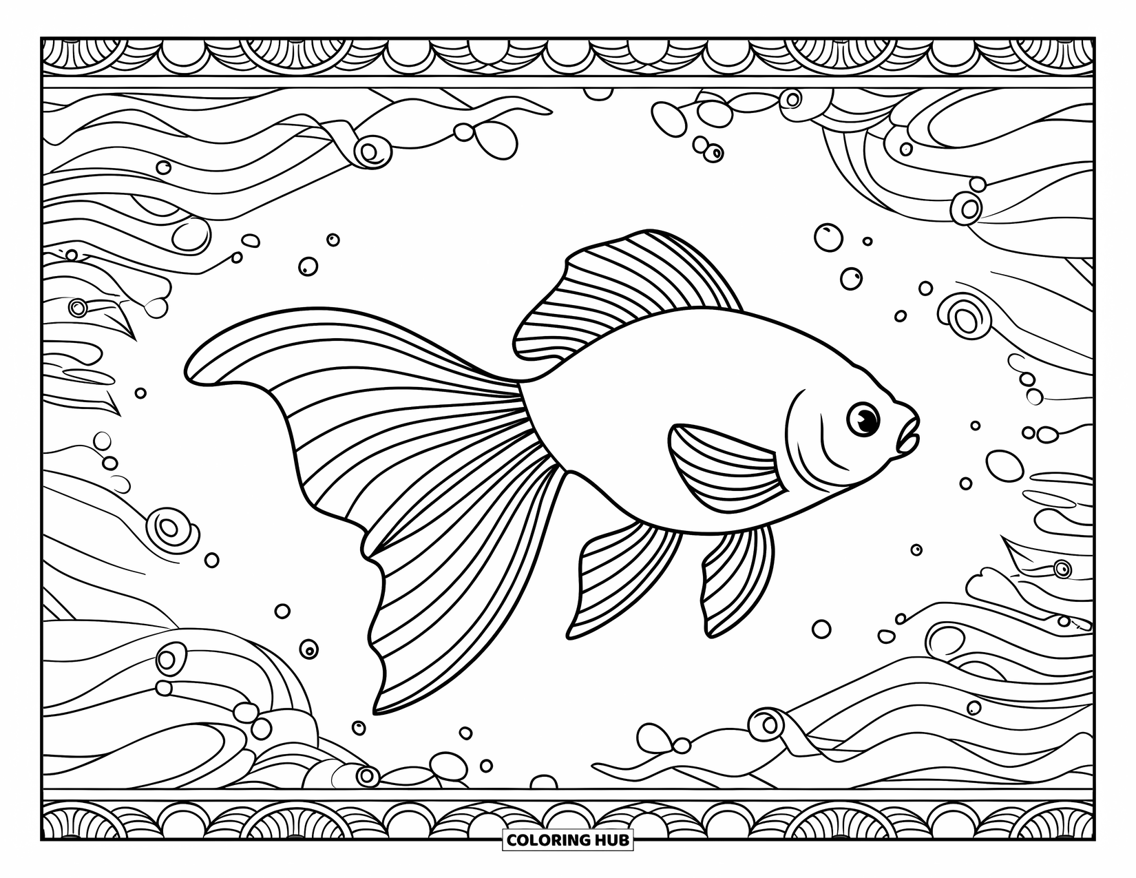 Disegno di pesce rosso da colorare per adulti: Un pesce rosso con pinne fluenti nuota tra intricati motivi di onde