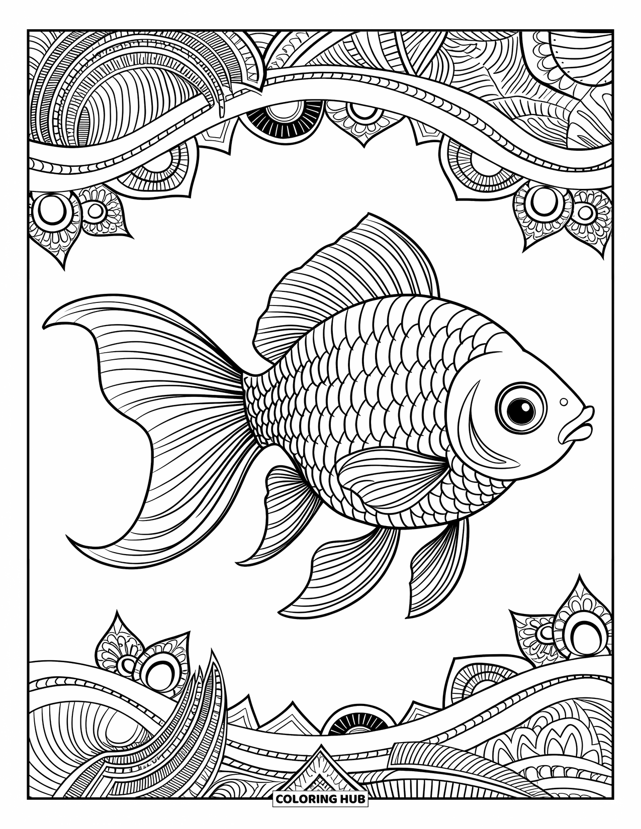 Disegno di pesce rosso da colorare per adulti: Un pesce rosso con intricate pinne vorticose si fonde in uno sfondo di motivi