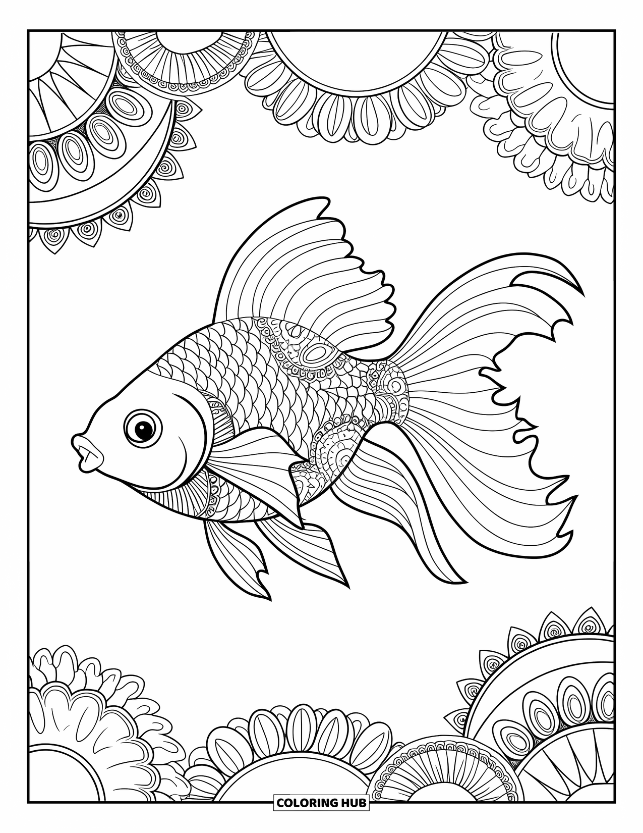 Disegno di pesce rosso da colorare per adulti: Un pesce rosso con pinne vorticose, circondato da eleganti motivi Zentangle