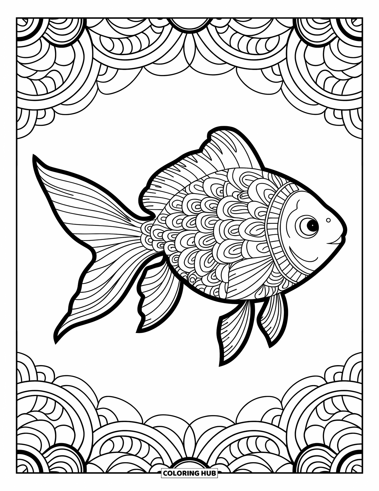 Disegno di pesce rosso da colorare per adulti: Un pesce rosso ispirato al mandala con intricati motivi sulle sue squame e pinne