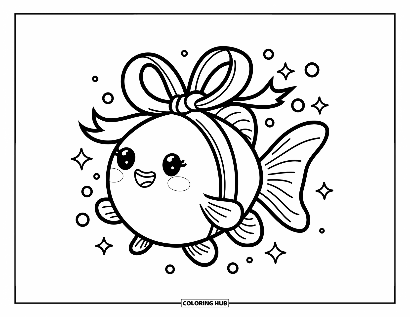 Disegno di pesce rosso da colorare per adulti: Un pesce rosso rotondo galleggia nell'acqua, avvolto in un nastro largo