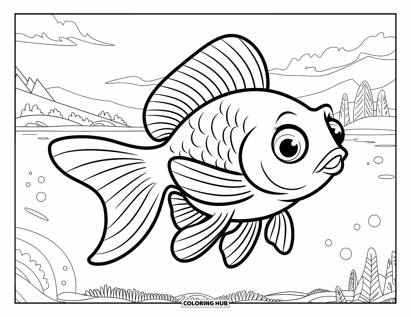 Disegno di pesce rosso da colorare per bambini: Un grande pesce rosso con pinne extra-large nuota con grazia in un laghetto tranquillo