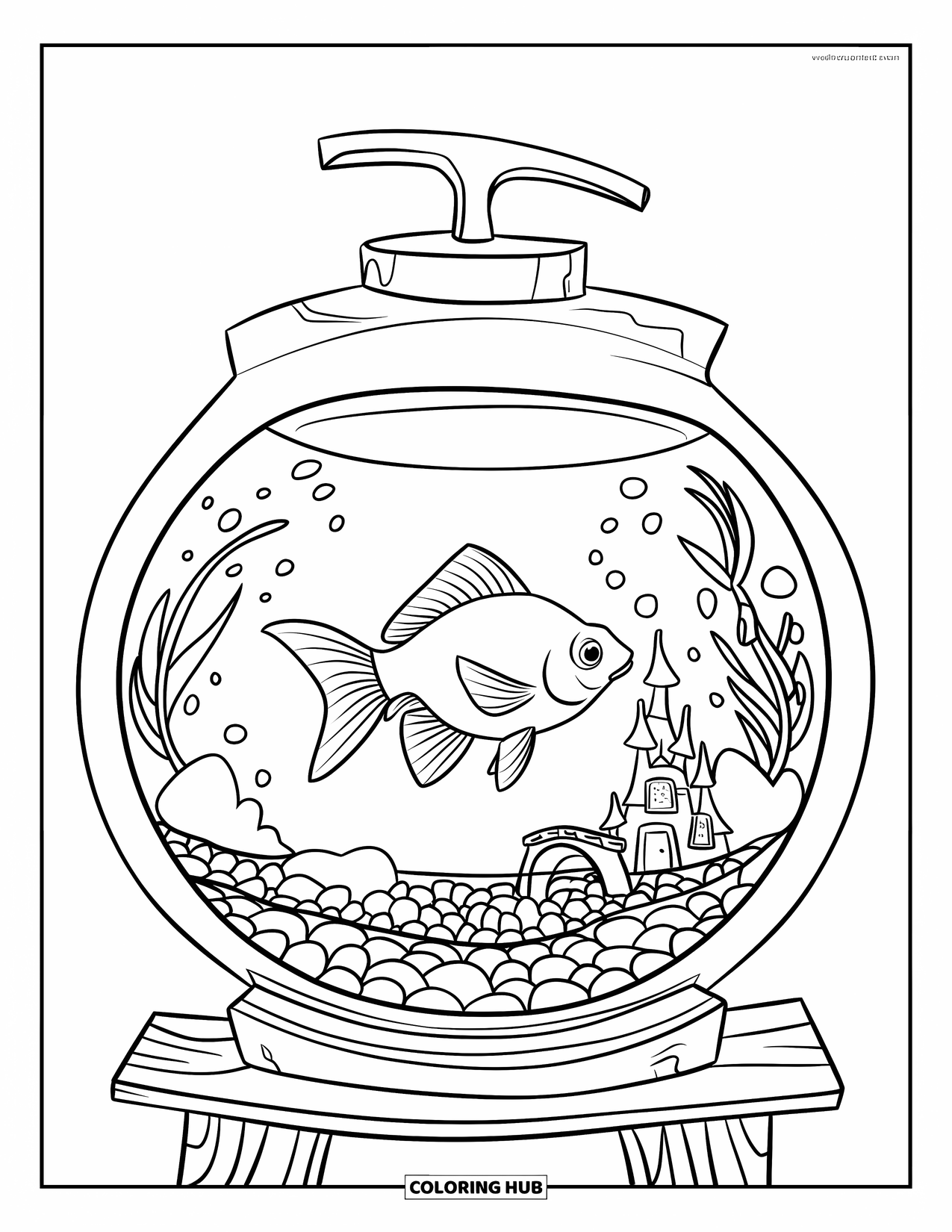 Disegno di pesce rosso da colorare per bambini: Un pesce rosso esplora un acquario pieno di ciottoli, un castello e piante