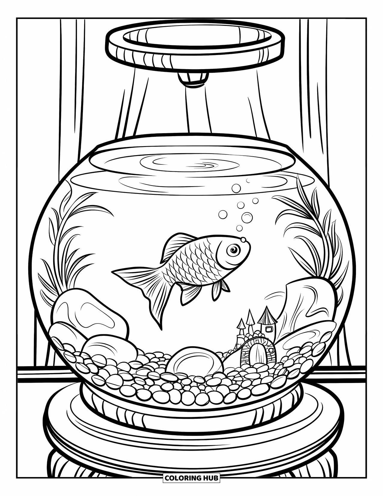Disegno di pesce rosso da colorare per bambini: Un pesce rosso galleggia in un acquario di vetro con decorazioni dettagliate