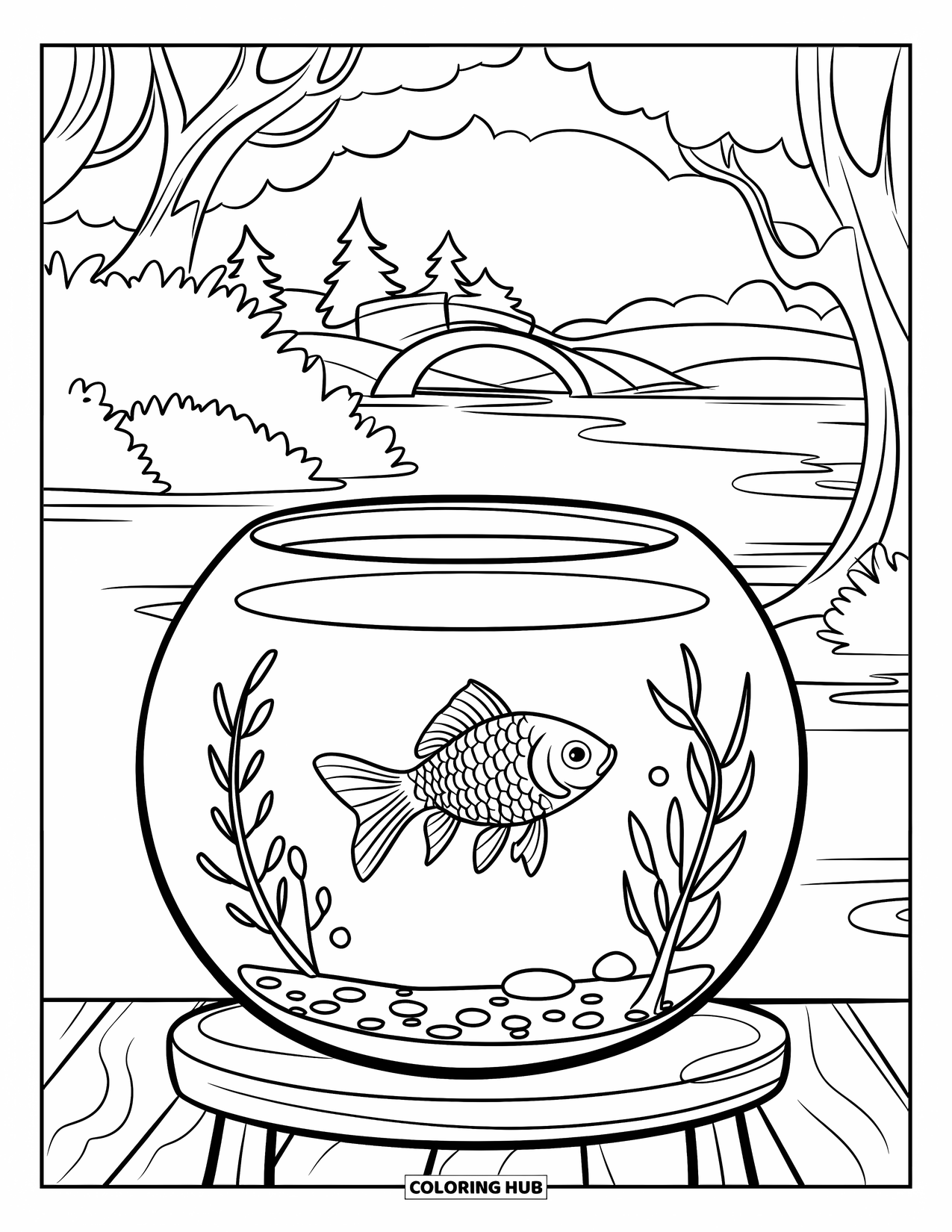 Disegno di pesce rosso da colorare per bambini: Un pesce rosso scivola in una piccola boccia con un minuscolo castello all'interno