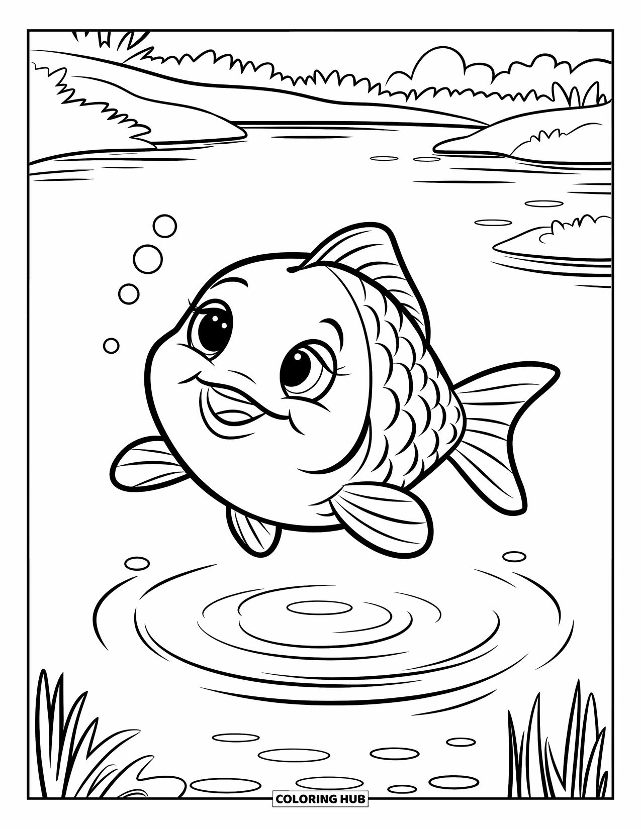 Disegno di pesce rosso da colorare per bambini: Un pesce rosso salta in alto, con la coda che schizza acqua in aria