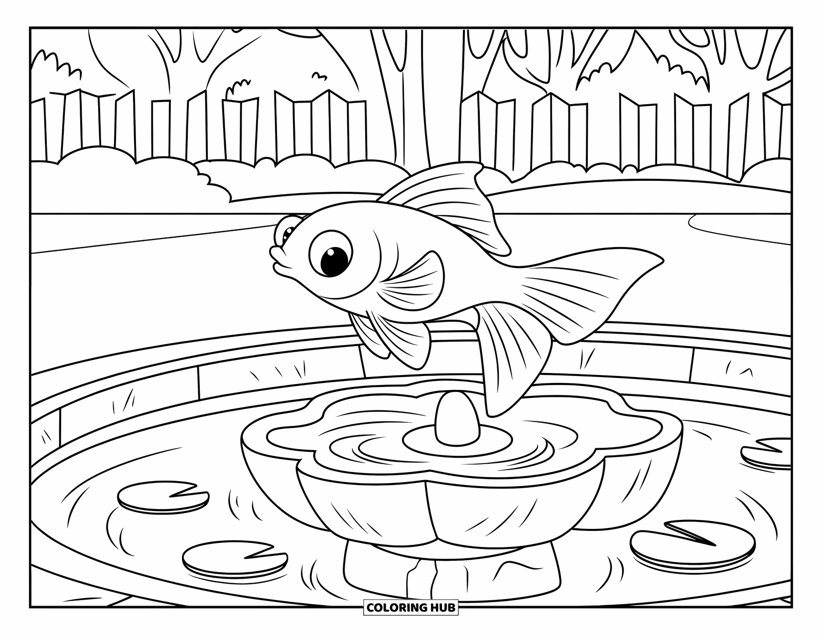Disegno di pesce rosso da colorare per bambini: Un pesce rosso salta attraverso una fontana di pietra in un giardino lussureggiante
