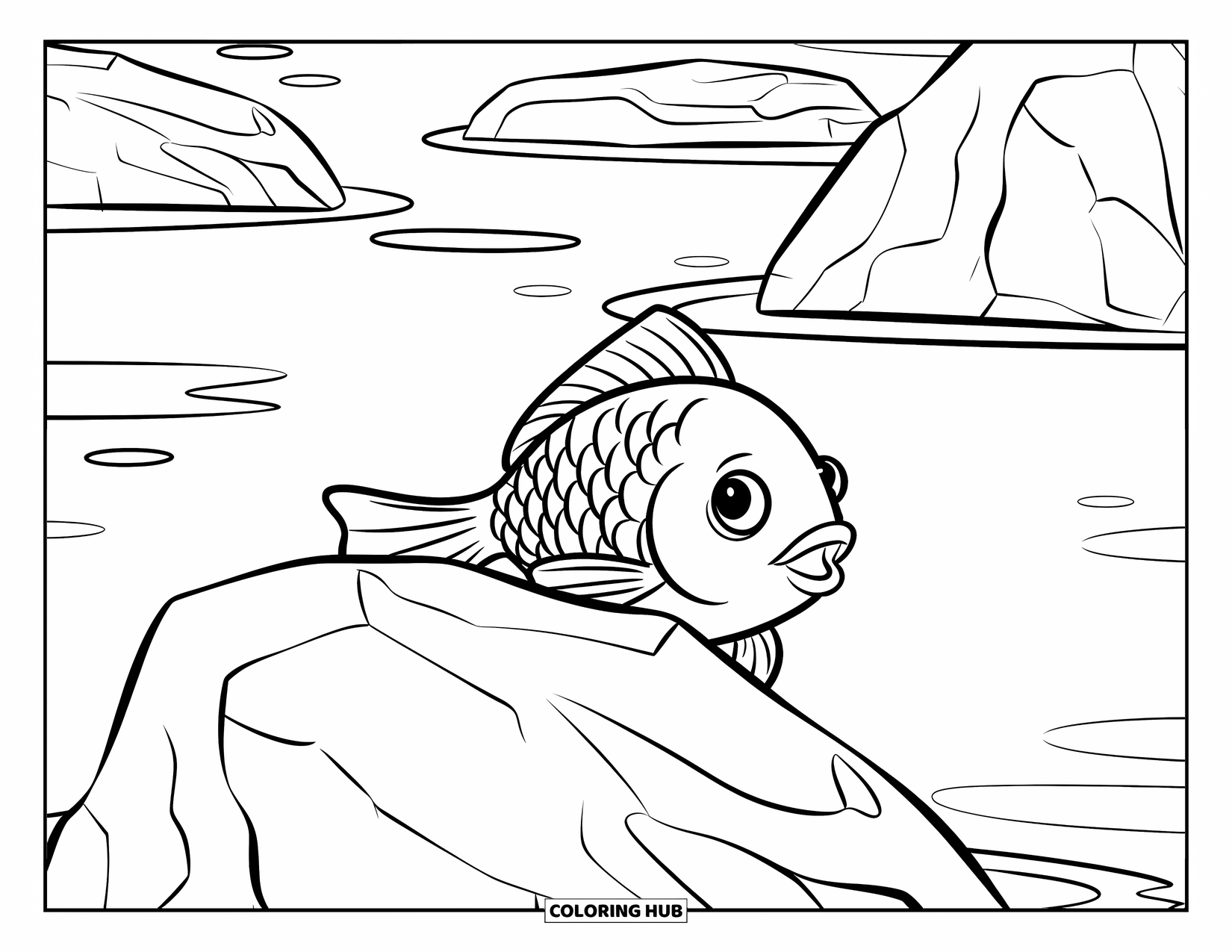 Disegno di pesce rosso da colorare per bambini: Un pesce rosso sbircia da dietro una grande roccia in un laghetto