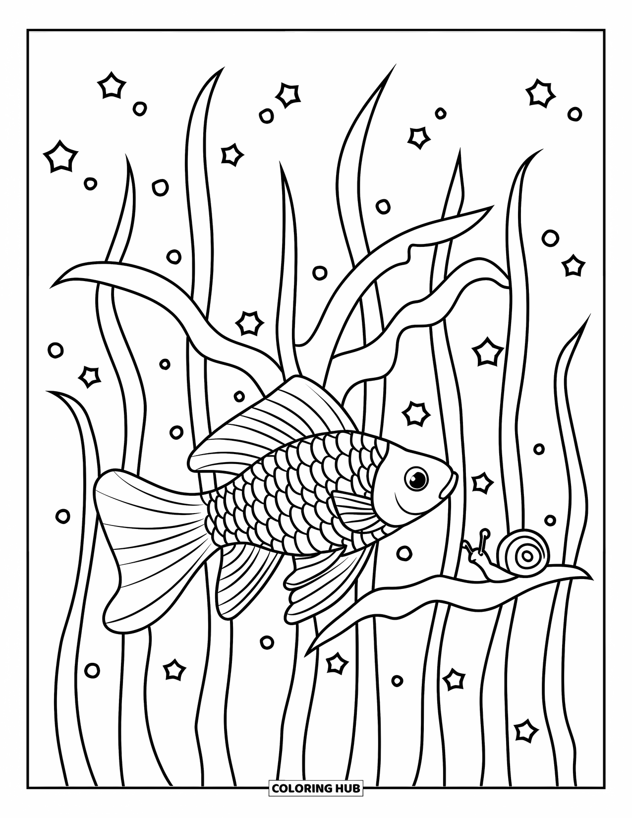 Disegno di pesce rosso da colorare per bambini: Un pesce rosso si muove giocosamente tra le alghe, accompagnato da una minuscola lumaca