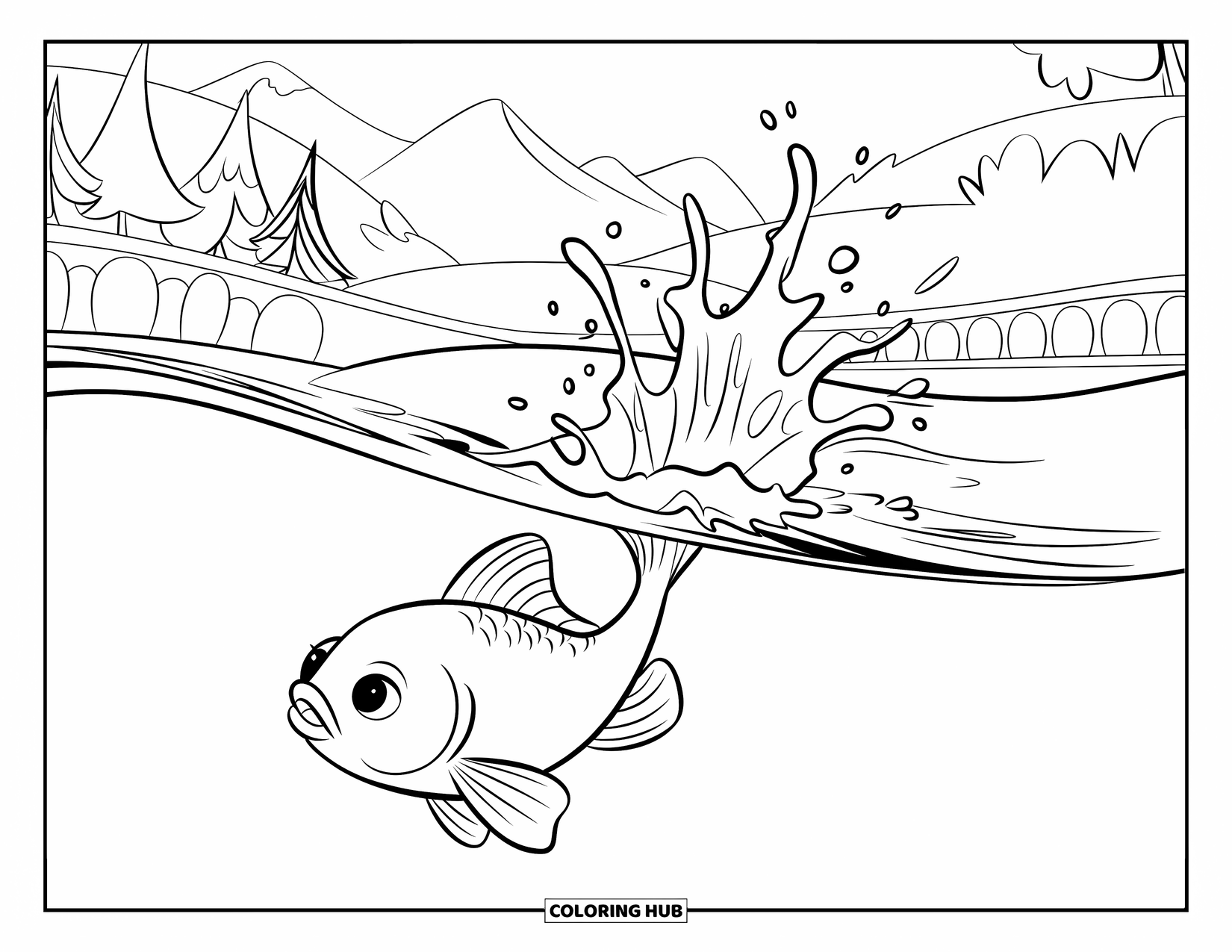 Disegno di pesce rosso da colorare per bambini: Un pesce rosso si tuffa nell'acqua con un paesaggio sereno sullo sfondo