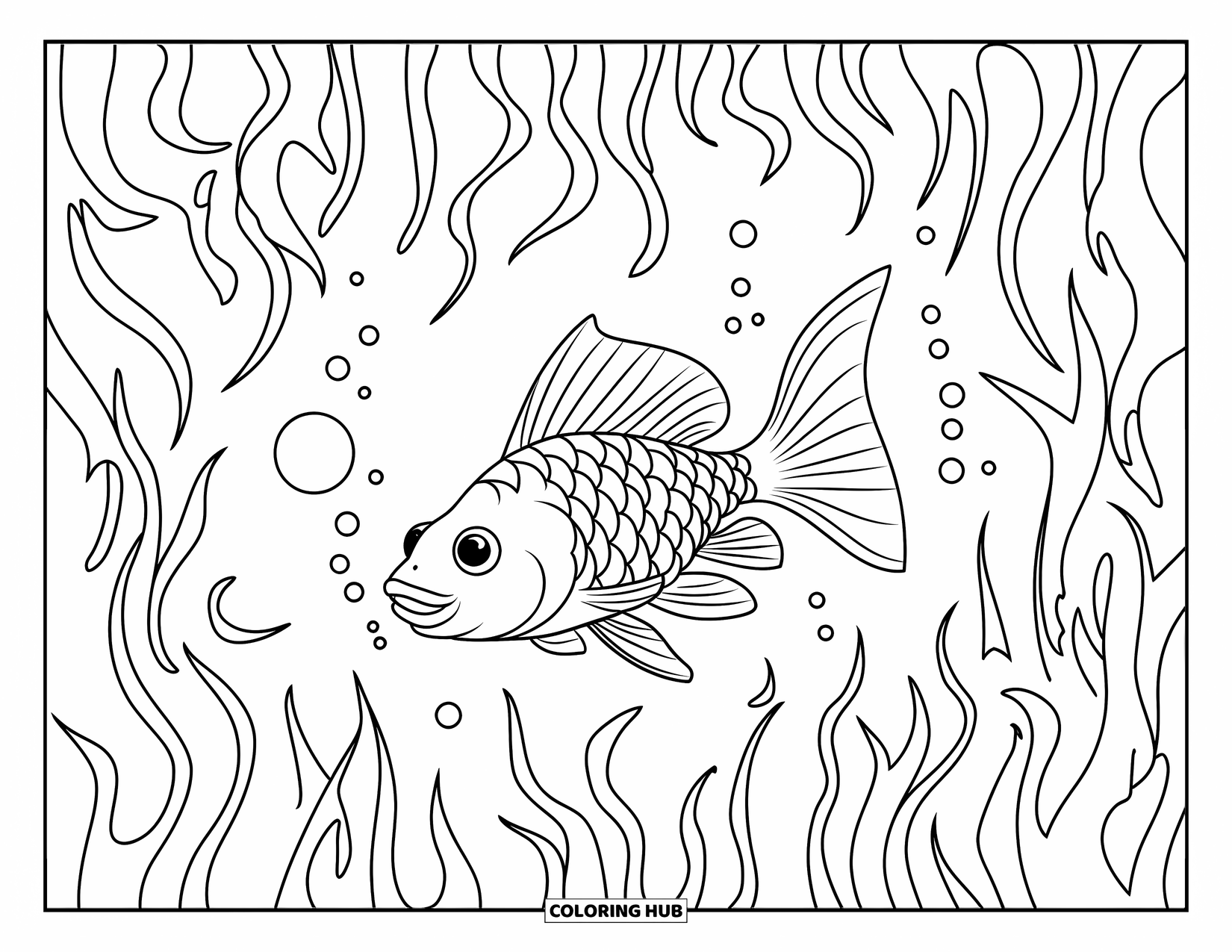 Disegno di pesce rosso da colorare per bambini: Un pesce rosso nuota con grazia tra le alte alghe in una tranquilla scena sottomarina