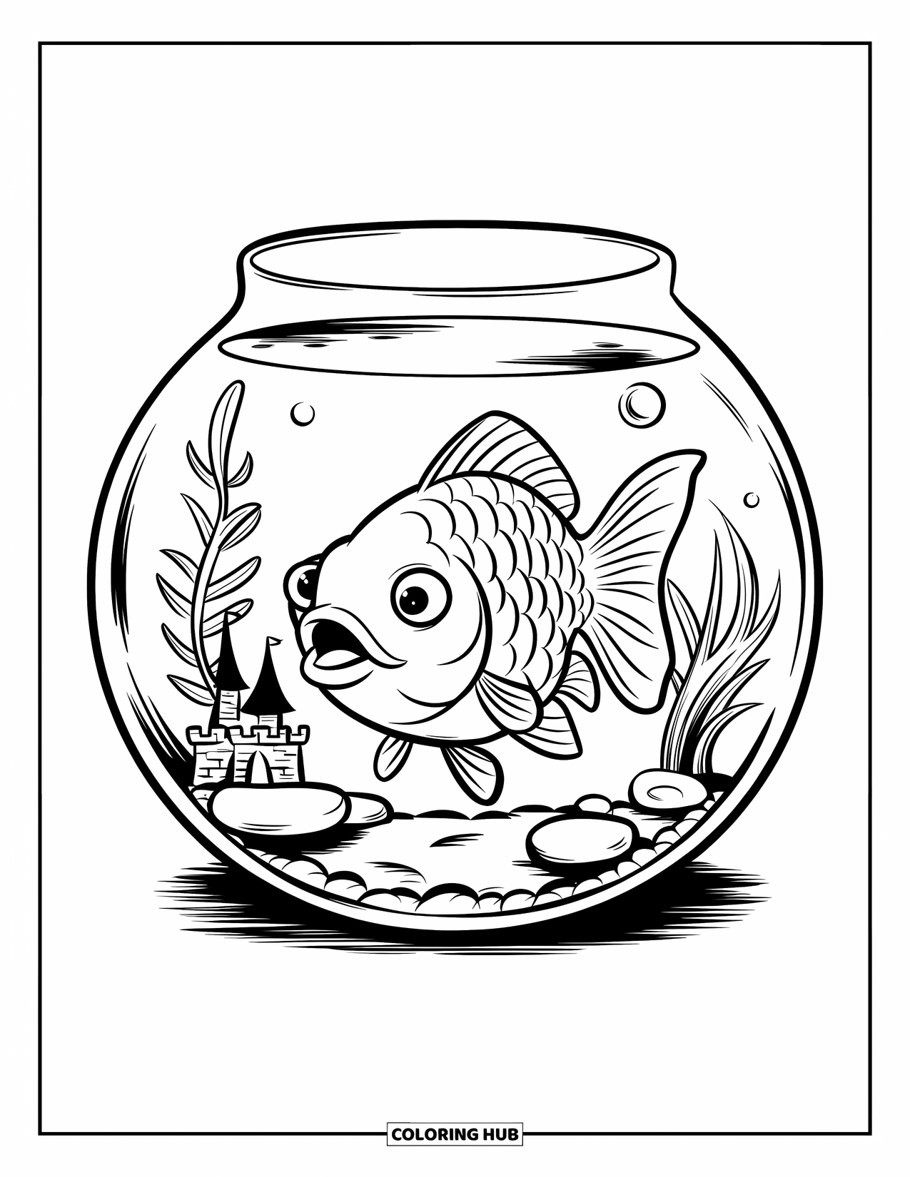 Disegno di pesce rosso da colorare per bambini: Un pesce rosso nuota felice in una boccia rotonda con ciottoli e piante