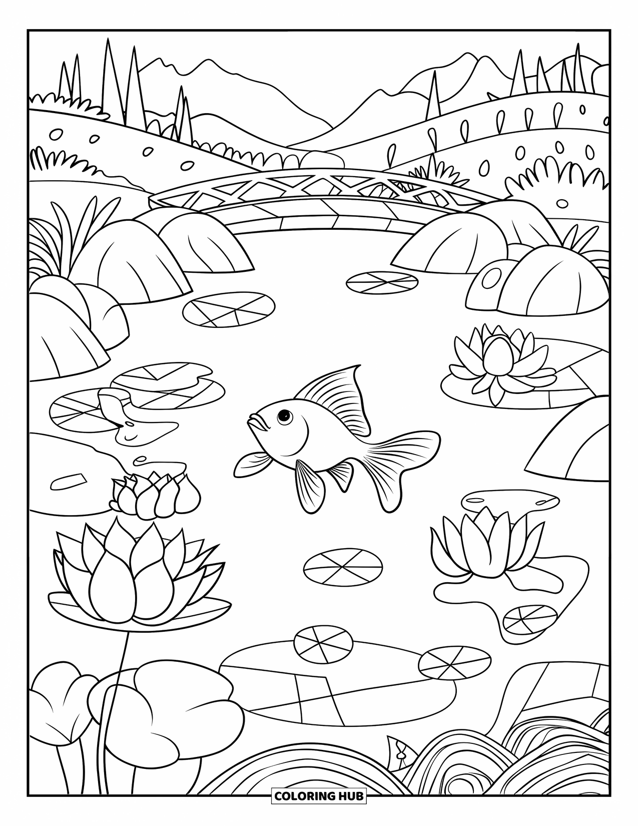 Disegno di pesce rosso da colorare per bambini: Un pesce rosso nuota in un laghetto koi, circondato da fiori di loto e foglie galleggianti