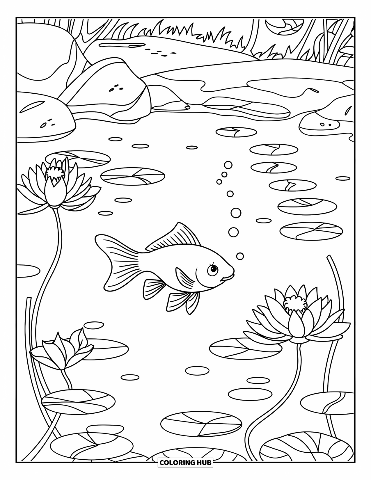 Disegno di pesce rosso da colorare per bambini: Un pesce rosso nuota in un laghetto, circondato da rocce, piante e foglie galleggianti