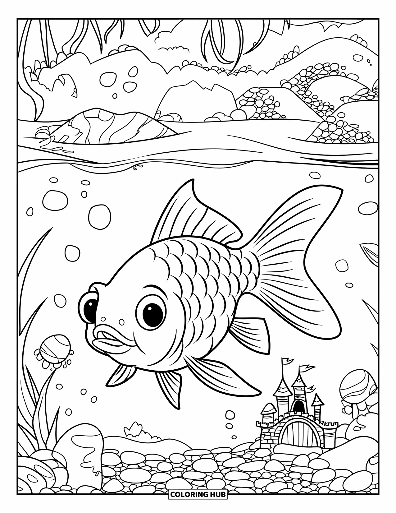 Disegno di pesce rosso da colorare per bambini: Un pesce rosso nuota in un acquario decorato con un piccolo ponte e un castello