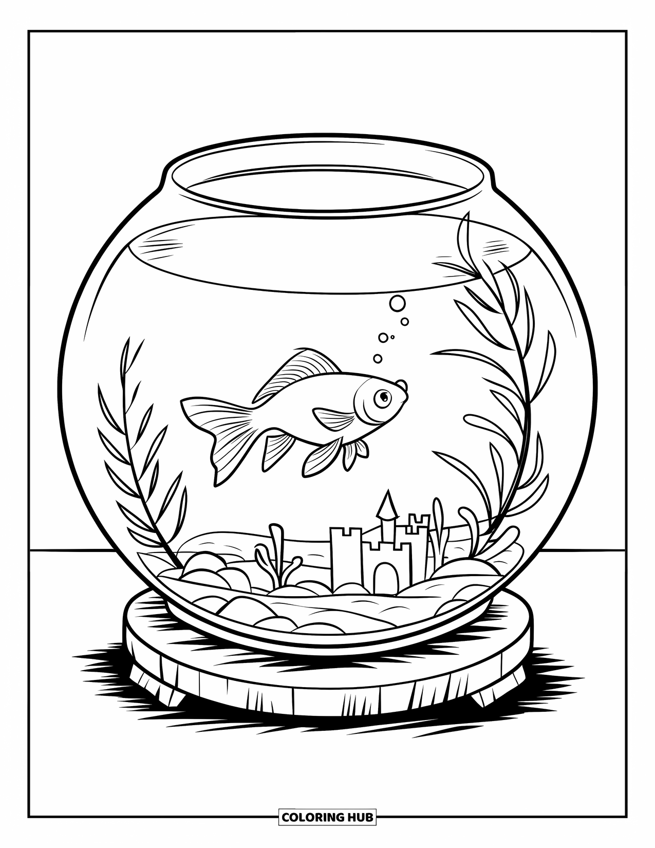 Disegno di pesce rosso da colorare per bambini: Un pesce rosso nuota in una boccia rotonda posta su un supporto di legno