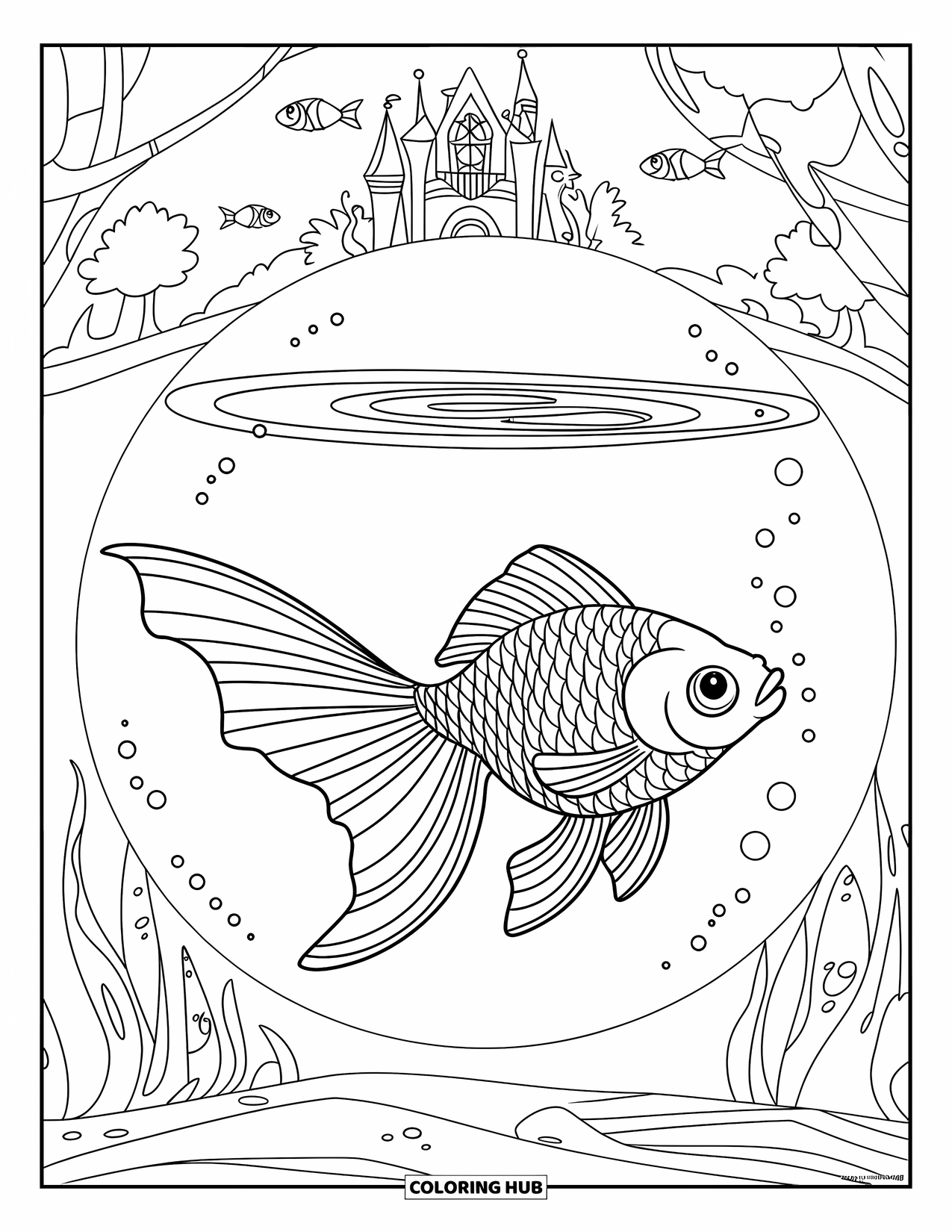 Disegno di pesce rosso da colorare per bambini: Un pesce rosso nuota in un acquario, circondato da piccoli pesci e un castello