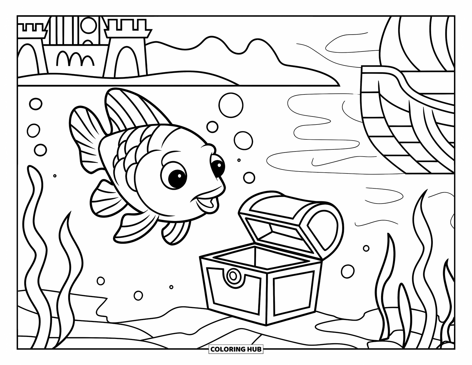 Disegno di pesce rosso da colorare per bambini: Un pesce rosso nuota vicino a uno scrigno del tesoro sul fondo dell'oceano