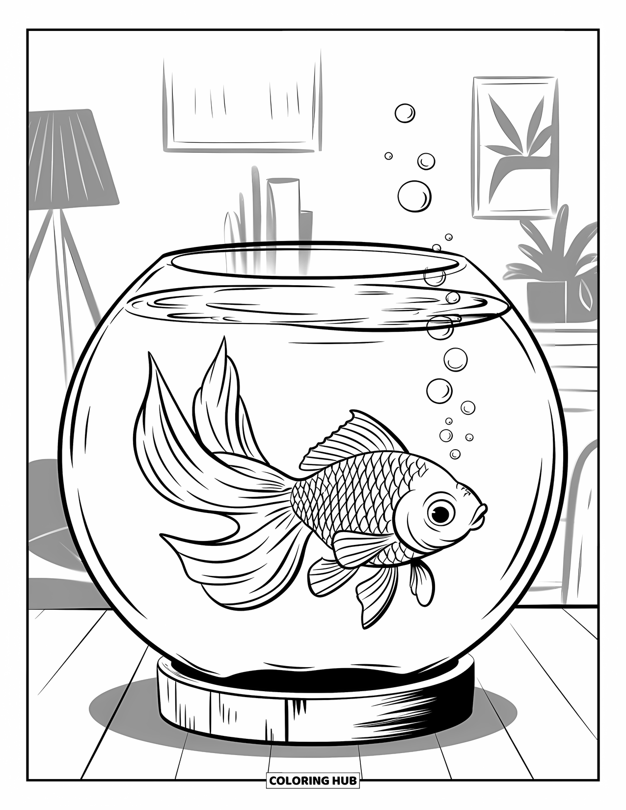 Disegno di pesce rosso da colorare per bambini: Un pesce rosso con una coda aggraziata nuota all'interno di una boccia circolare