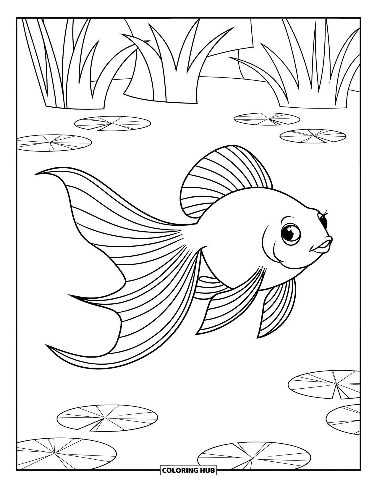 Disegno di pesce rosso da colorare per bambini: Un pesce rosso con pinne eleganti scivola in un laghetto pieno di ninfee